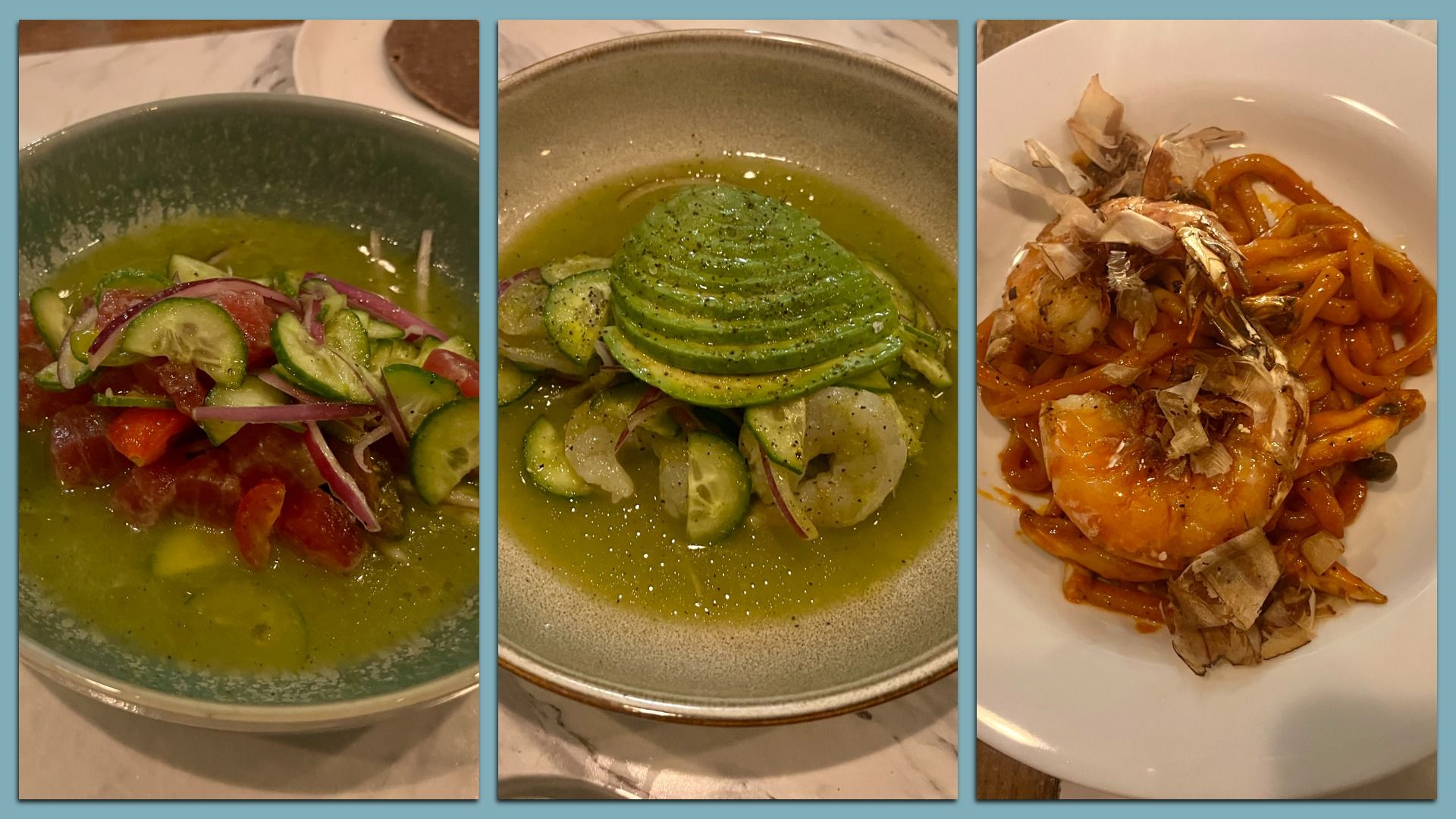 Three plates of food: a green bowl with tuna, cucumber and red onion in a green sauce; a bowl with sliced avocado, shrimp, cucumber in green sauce; a white plate with shrimp on orange noodles garnished with flakes.