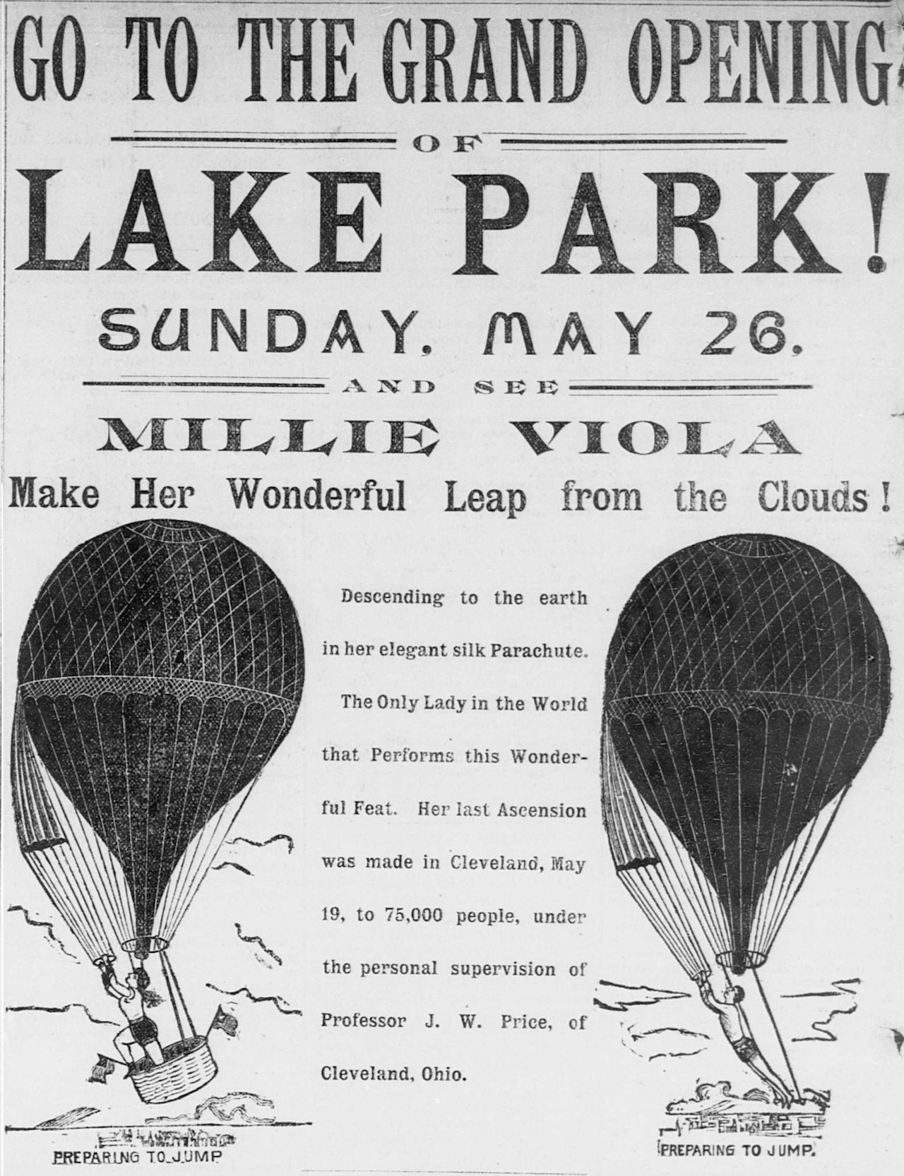 An old newspaper ad for an exhibition of a skydiver jumping from a hot air balloon.