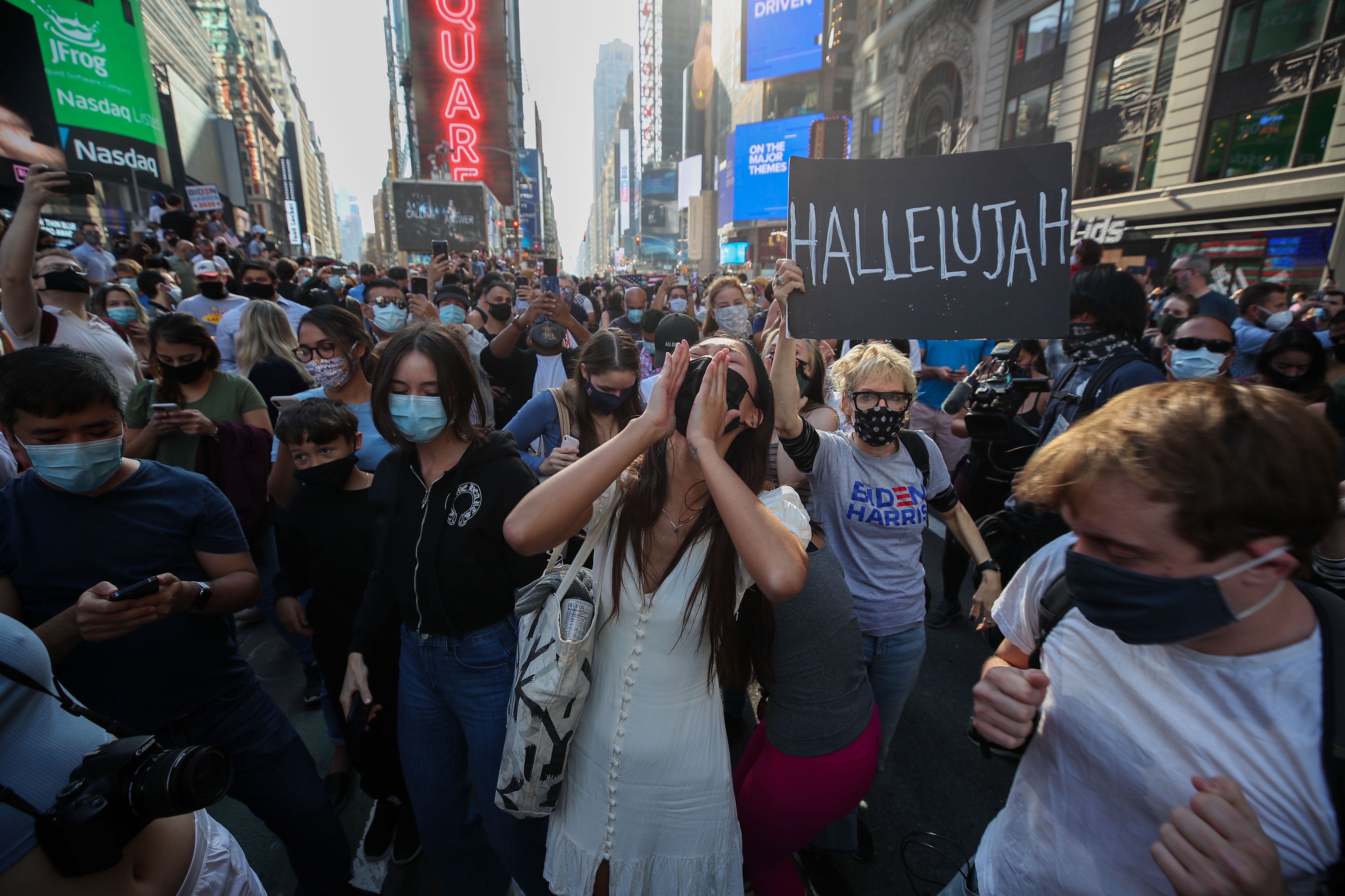 People celebrate Biden's win in New York City