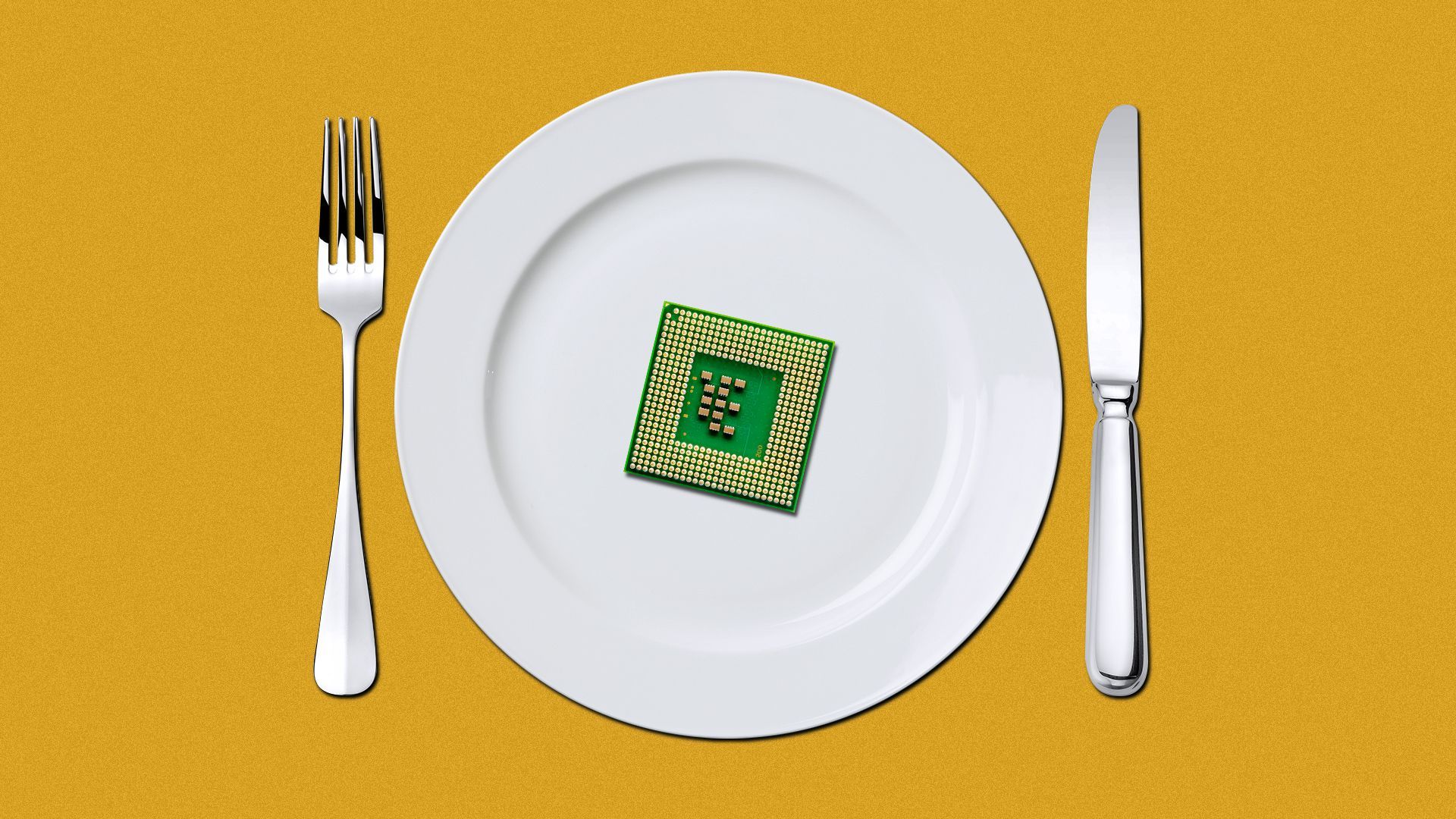 Illustration of a lone computer chip on an otherwise empty plate, a fork and knife are on each side of the plate.