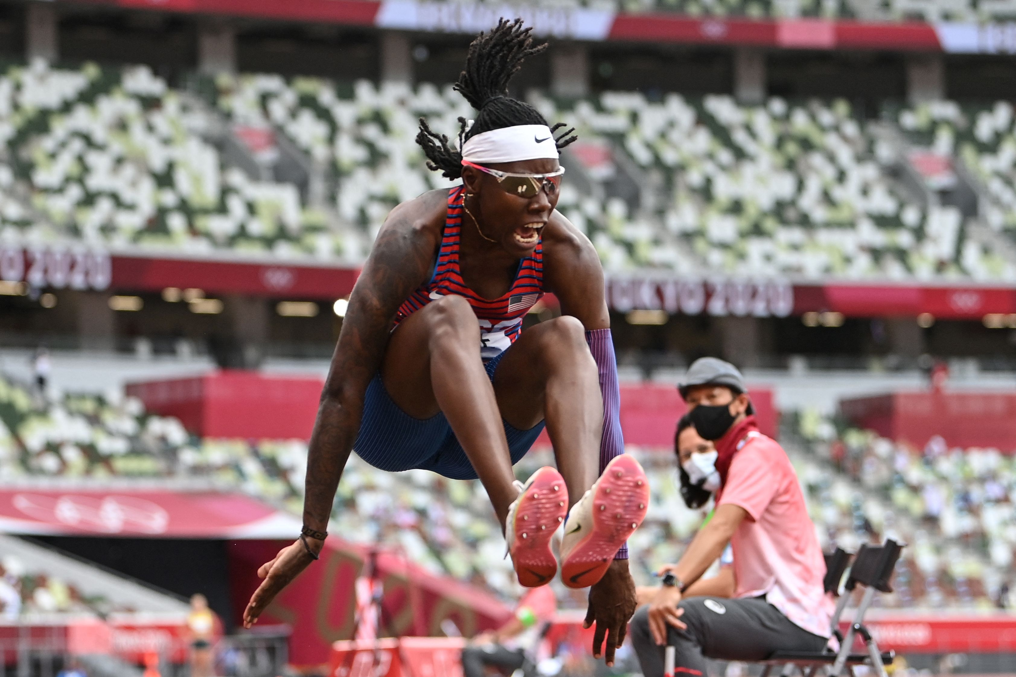  USA's Brittney Reese competes in the women's long jump final during the Tokyo 2020 Olympic Games at the Olympic Stadium in Tokyo on August 3