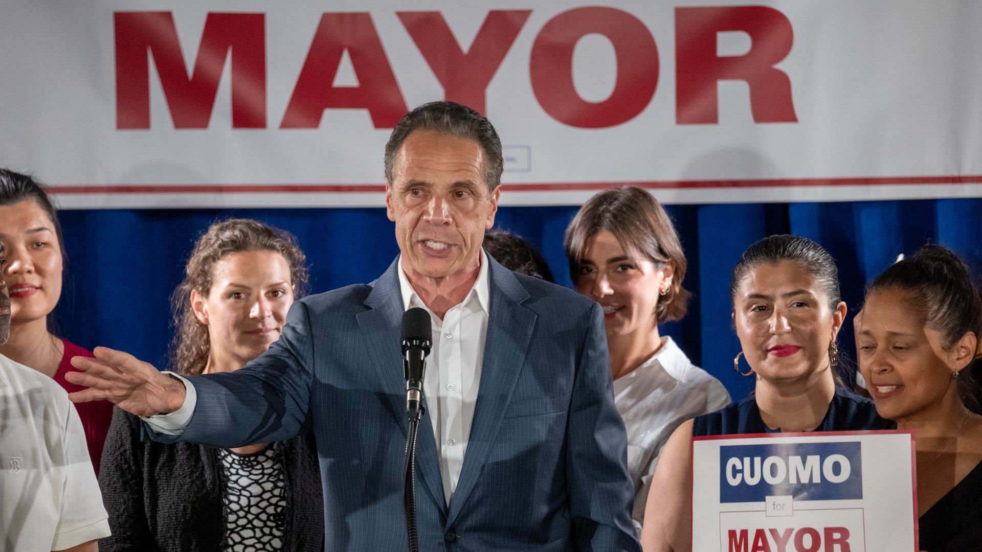 Andrew Cuomo stands in front of his family and delivers a speech for this New York City mayoral campaign