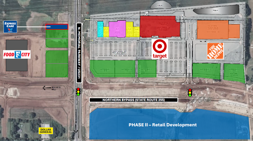 A map shows a planned development with Target, Home Depot, Food City and Express Care Oil Change listed.