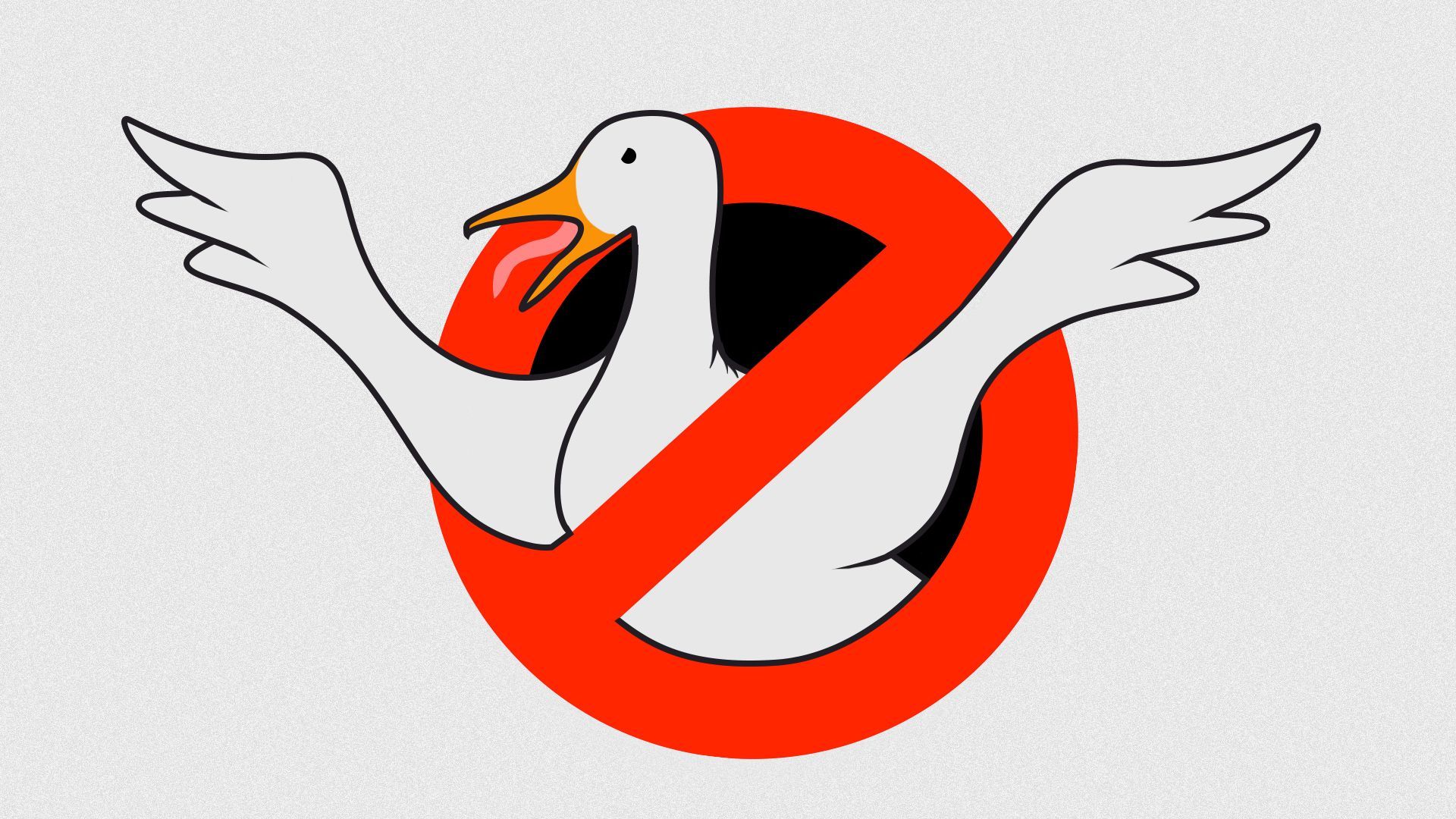 Illustration of a goose screaming with wings out from within a red no symbol. 