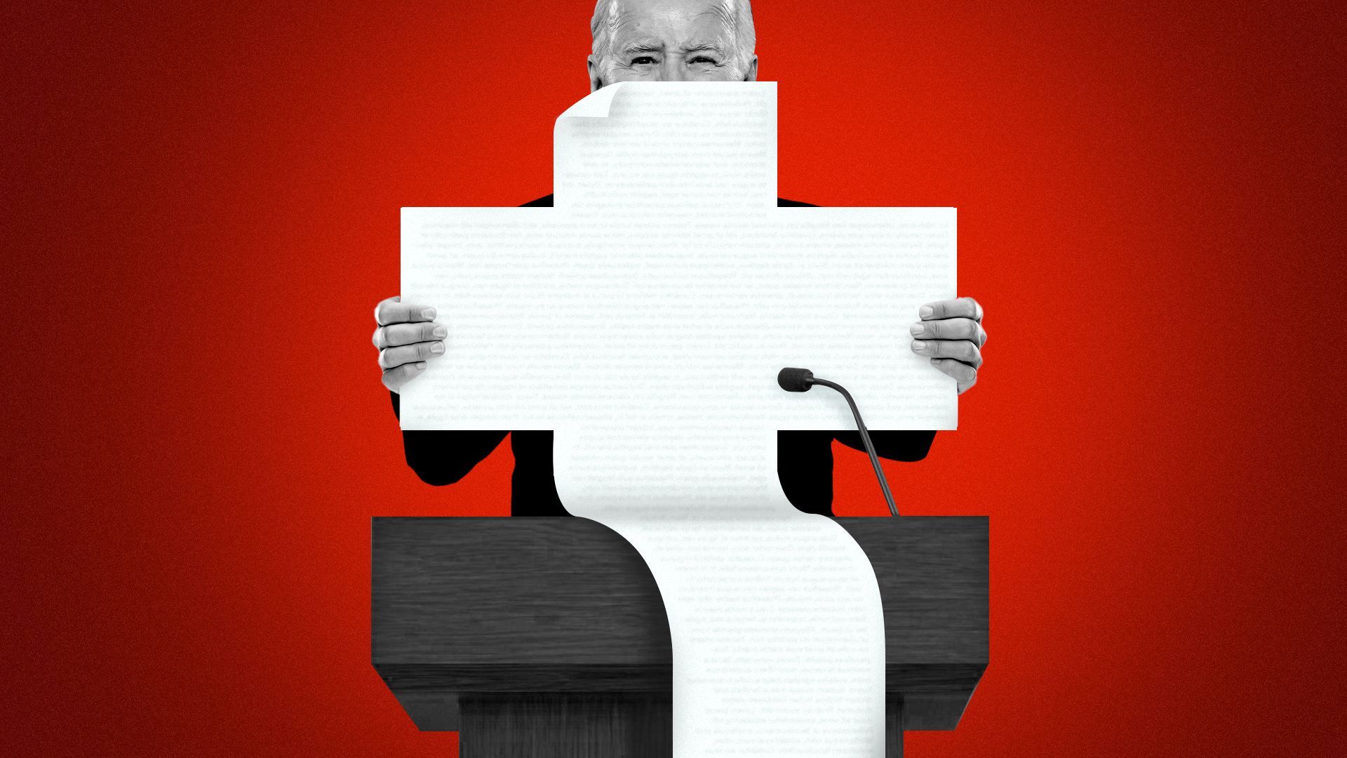 Photo illustration of Biden reading a speech from a piece of paper shaped like a health plus. 