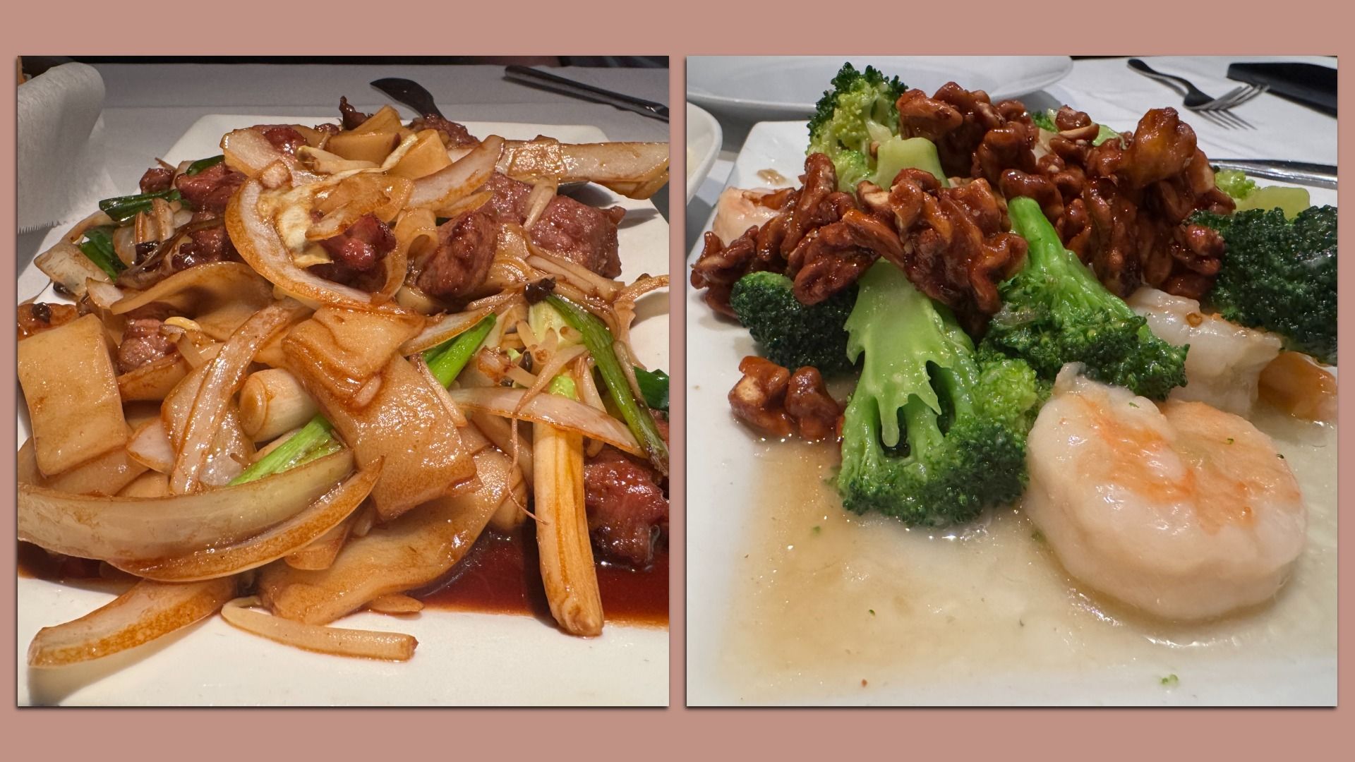 Two plates: left shows beef chow fun with onions and greens in a brown sauce; right shows broccoli with walnuts and shrimp in a light sauce.