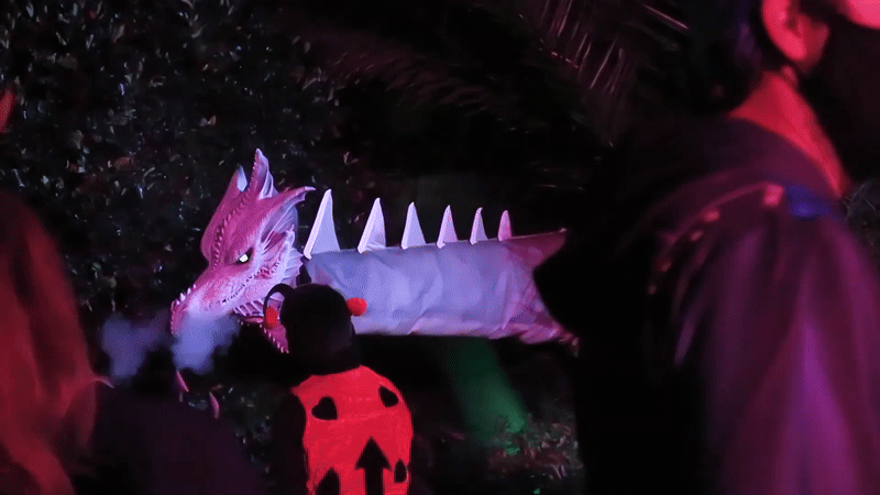 animatronic dragon blows steam from his nose while a crowd watches