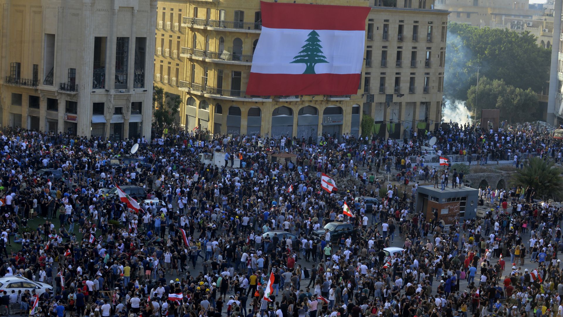  Demonstrators gather for a protest against government at the Martyrs' Square after the deadly explosion at the Port of Beirut led to massive blasts on 4th August in Beirut, Lebanon on August 08