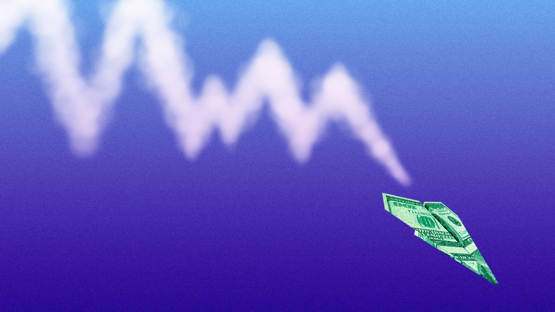 an illustration of a paper airplane made from money with a chemical trail made of a falling stock line 