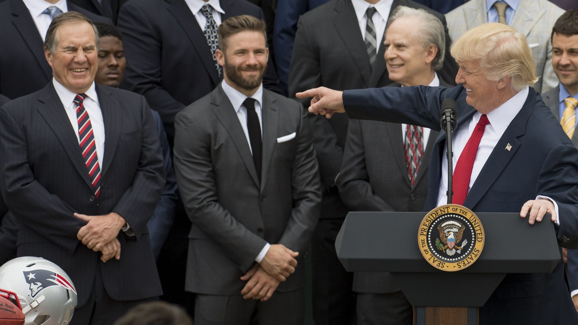 President Donald Trump at speaks alongside New England Patriots head coach Bill Belichick and team members during a White House ceremony the 2017 Super Bowl Champions. 