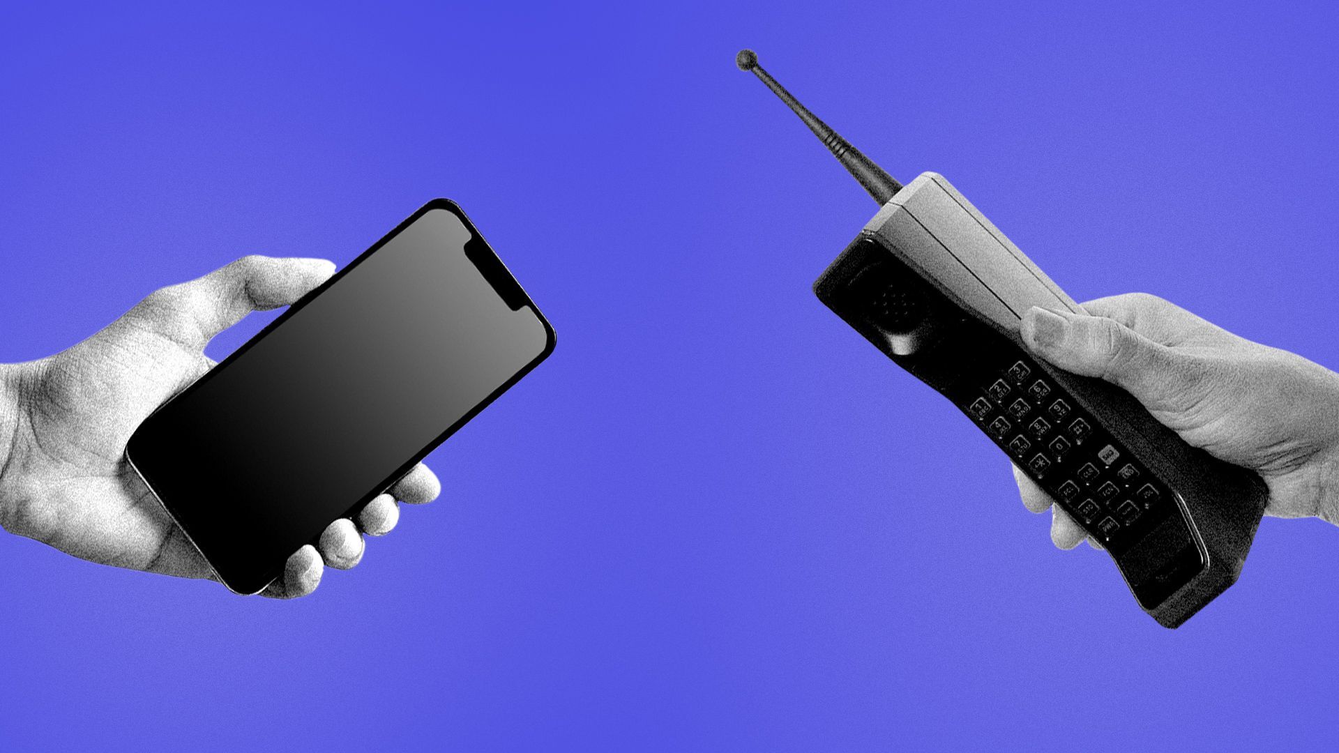 In this illustration, one person holds an iPhone while another person holds a landline