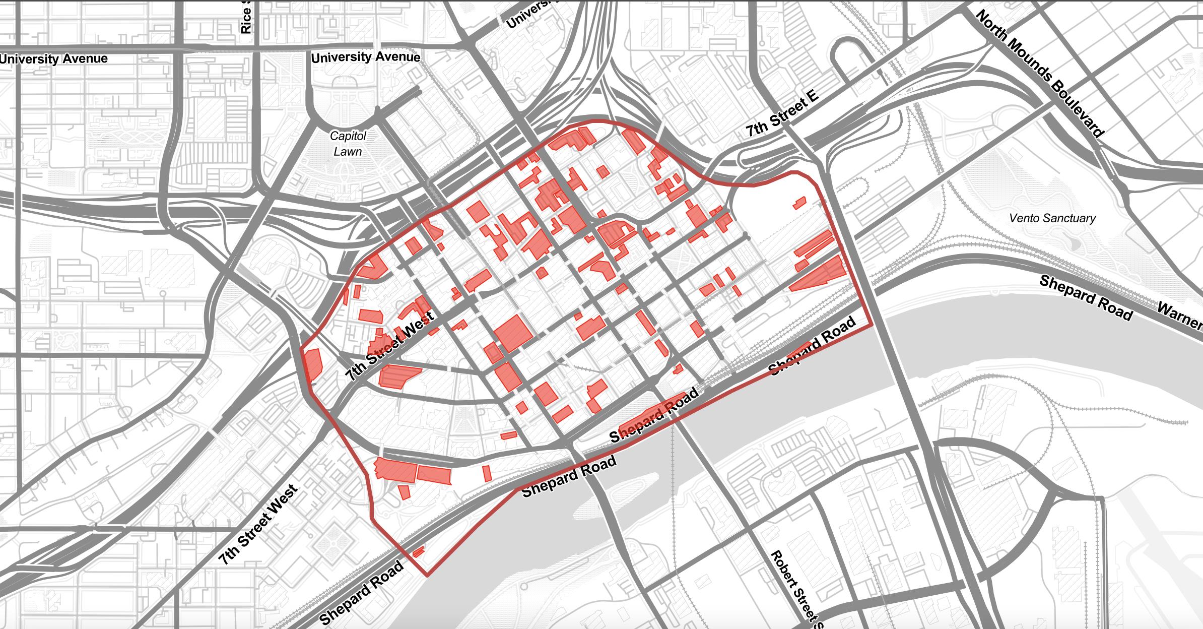 Downtown St. Paul aerial map showing parking lots