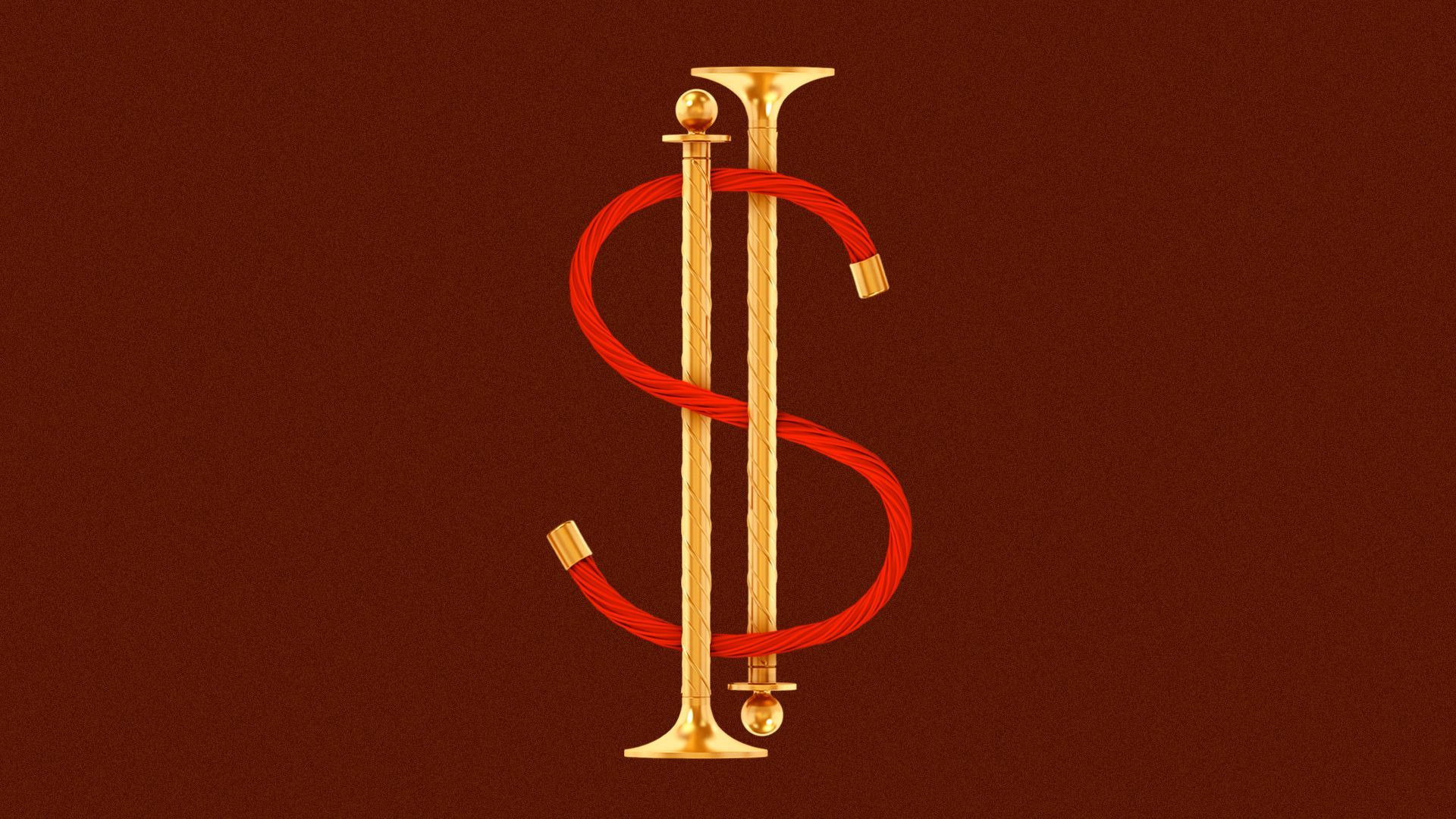 Illustration of a deconstructed velvet rope stylized as a dollar bill sign. 