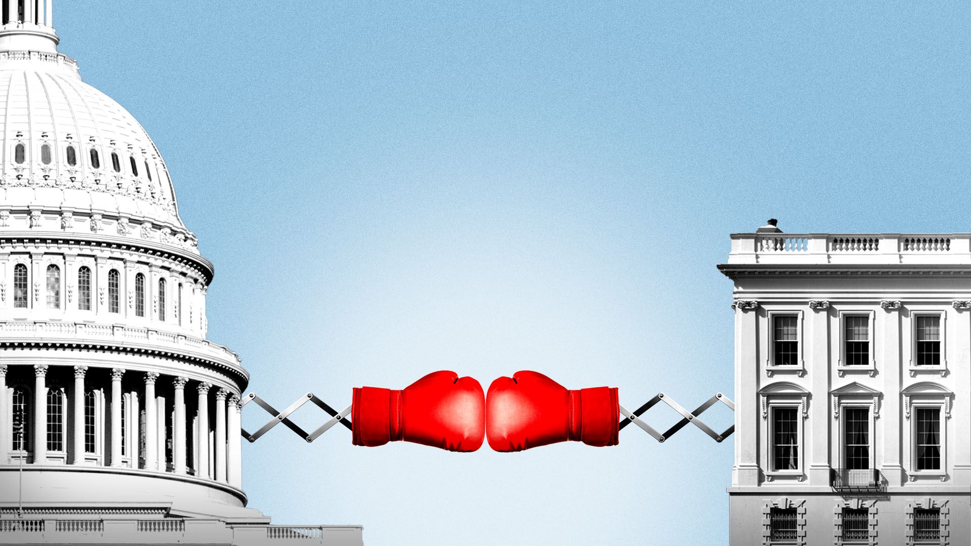 Illustration of The Capitol Building and The White House each with boxing gloves on metal springs hitting each other
