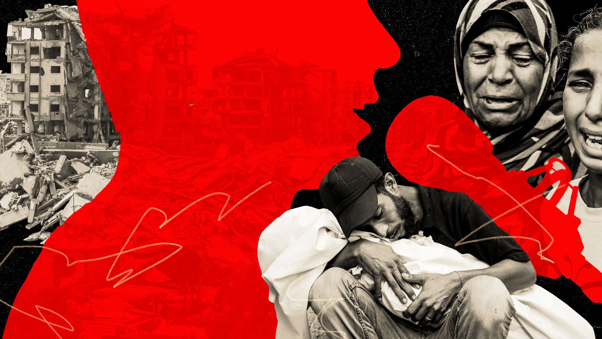 Photo illustration of a silhouetted person speaking into a microphone surrounded by photos from Gaza of mourning people and destroyed buildings 