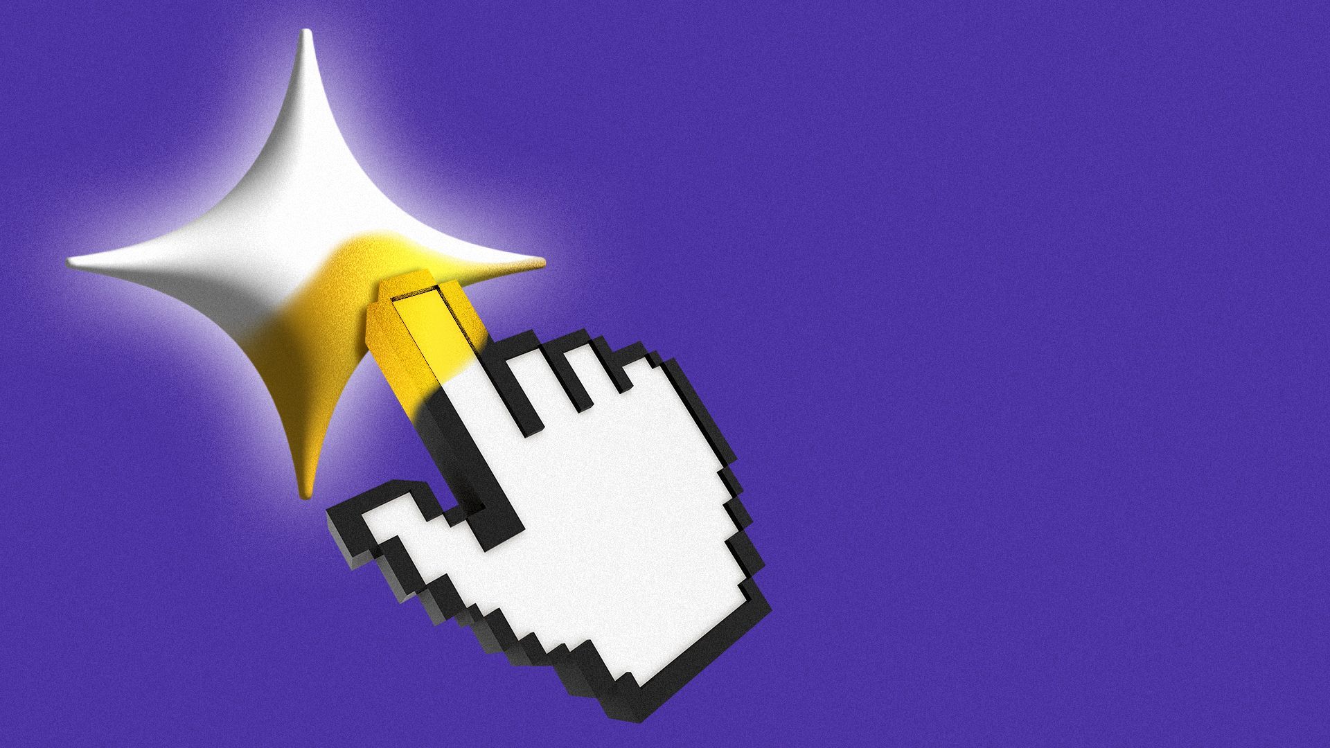 Illustration of a hand cursor touching an AI sparkle, turning it to gold.