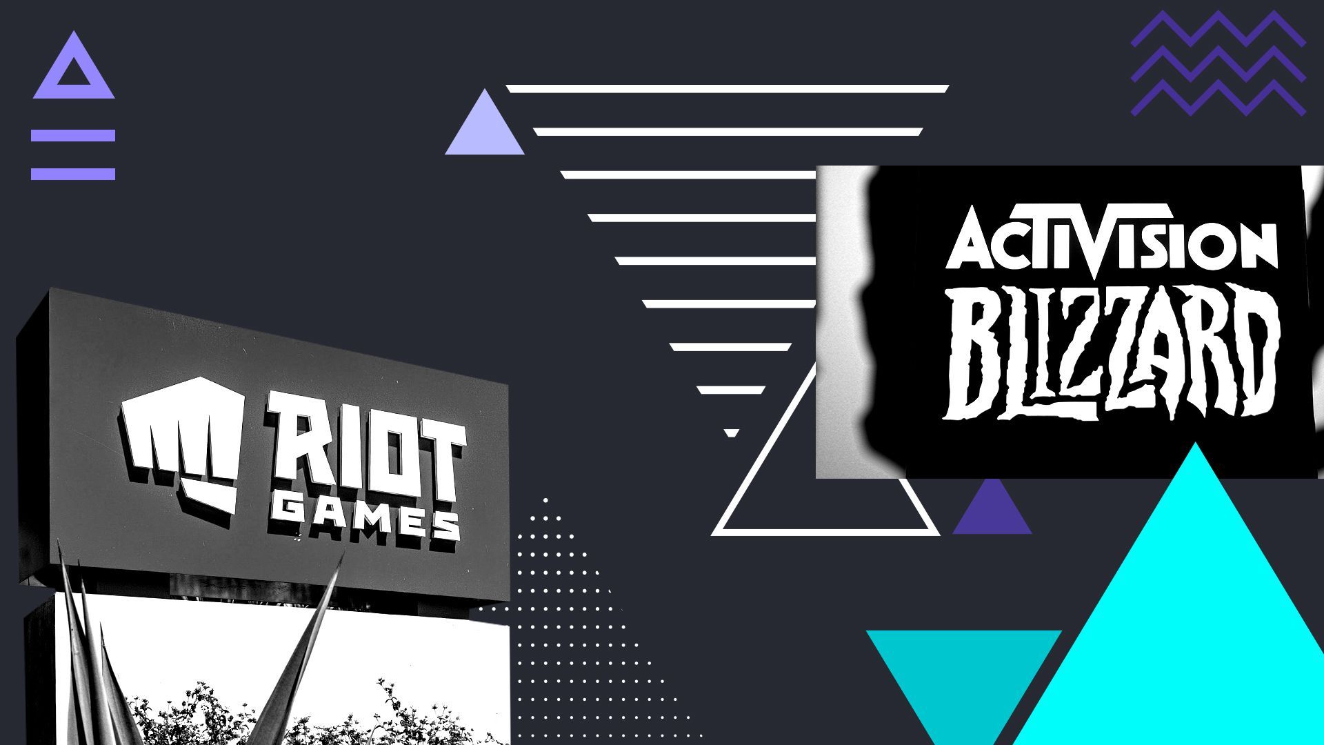 Photo illustration of the Blizzard Activision and Riot Games signs on an abstract background of triangles.