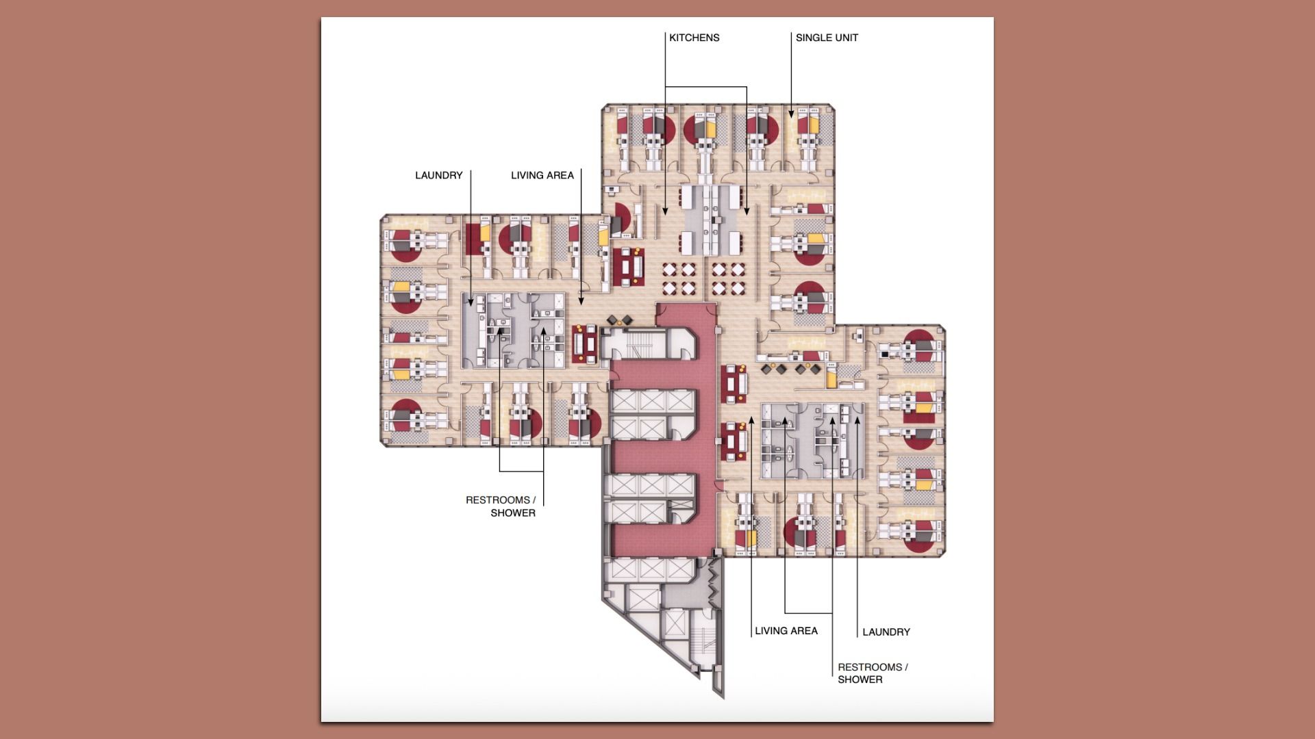 Floor plan of a housing unit showing labeled kitchens, single units, living areas, laundry rooms, and restrooms/shower areas with furniture and appliances in red, yellow, and gray tones.
