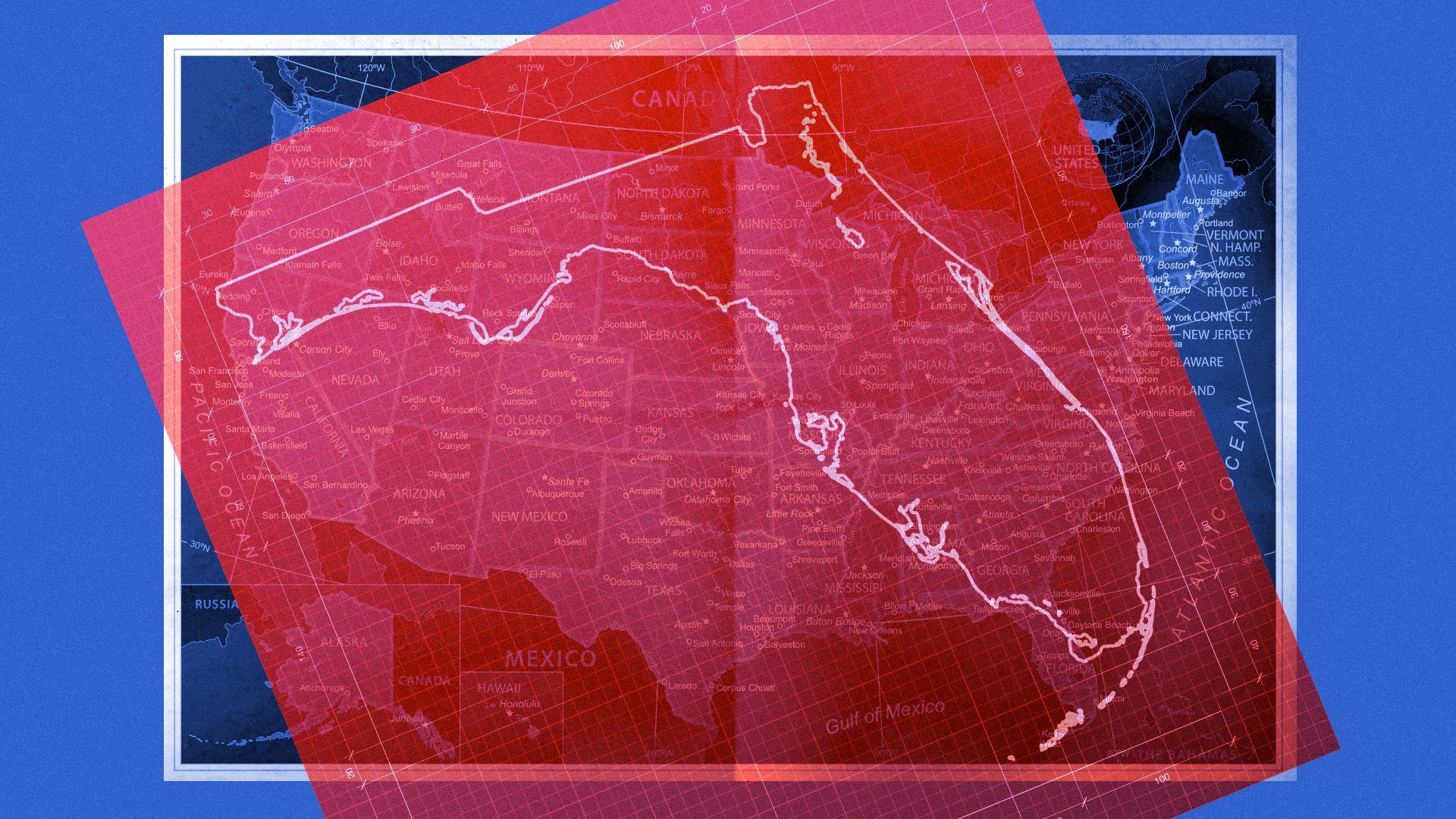 Illustration of a schematic of Florida overlaying a map of the United States.