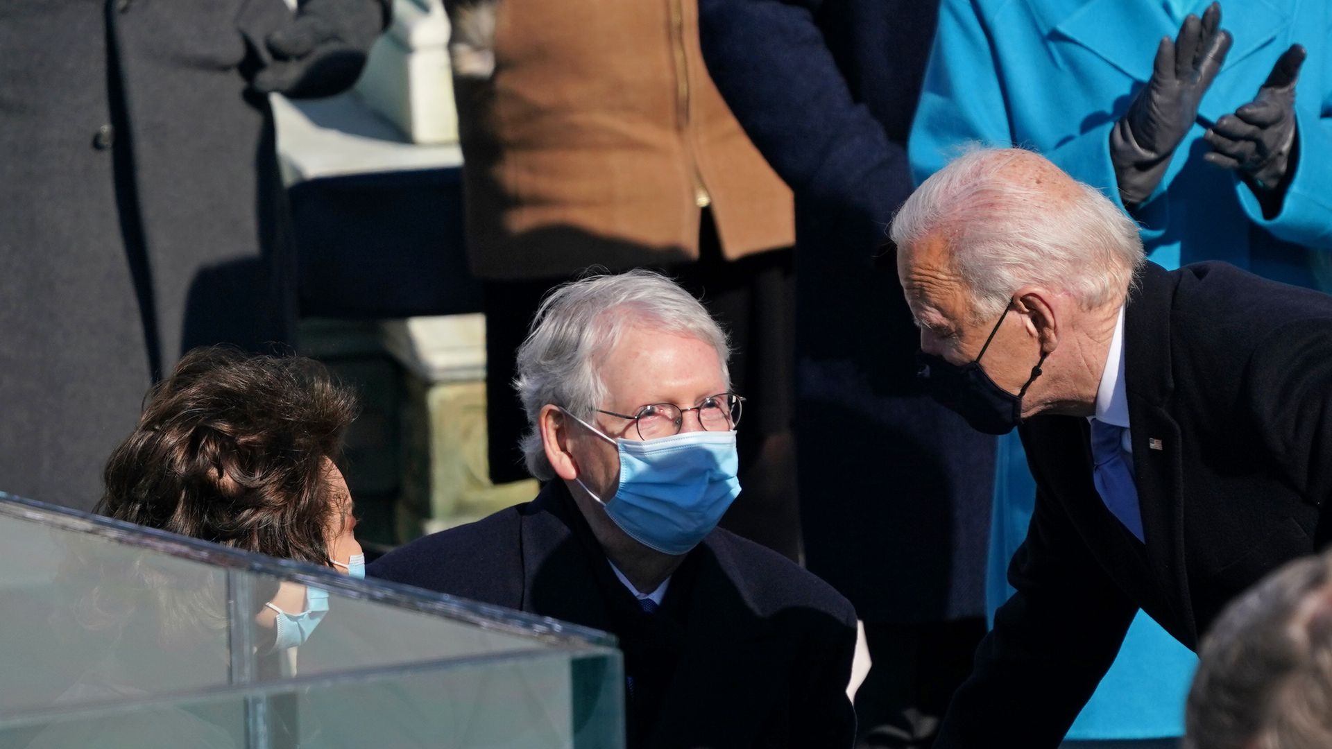 President Joe Biden speaks to Sen. Mitch McConnell (R-KY) after being sworn in at the West Front of the U.S. Capitol on January 20, 2021 in Washington, DC.