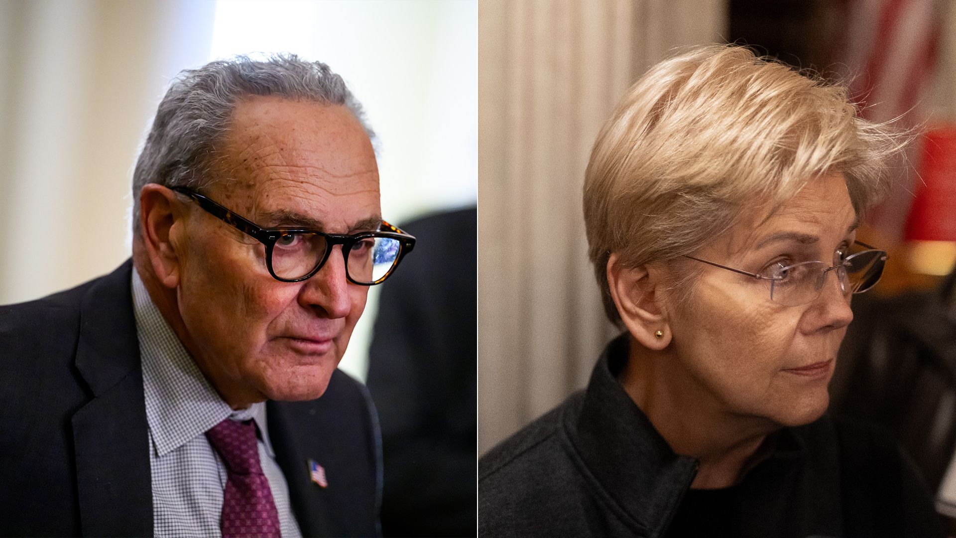 Chuck Schumer (D-N.Y.) and Sen. Elizabeth Warren (D-Mass.) pictured. Photos: Pete Kiehart/Bloomberg and Nathan Posner/Anadolu via Getty Images
