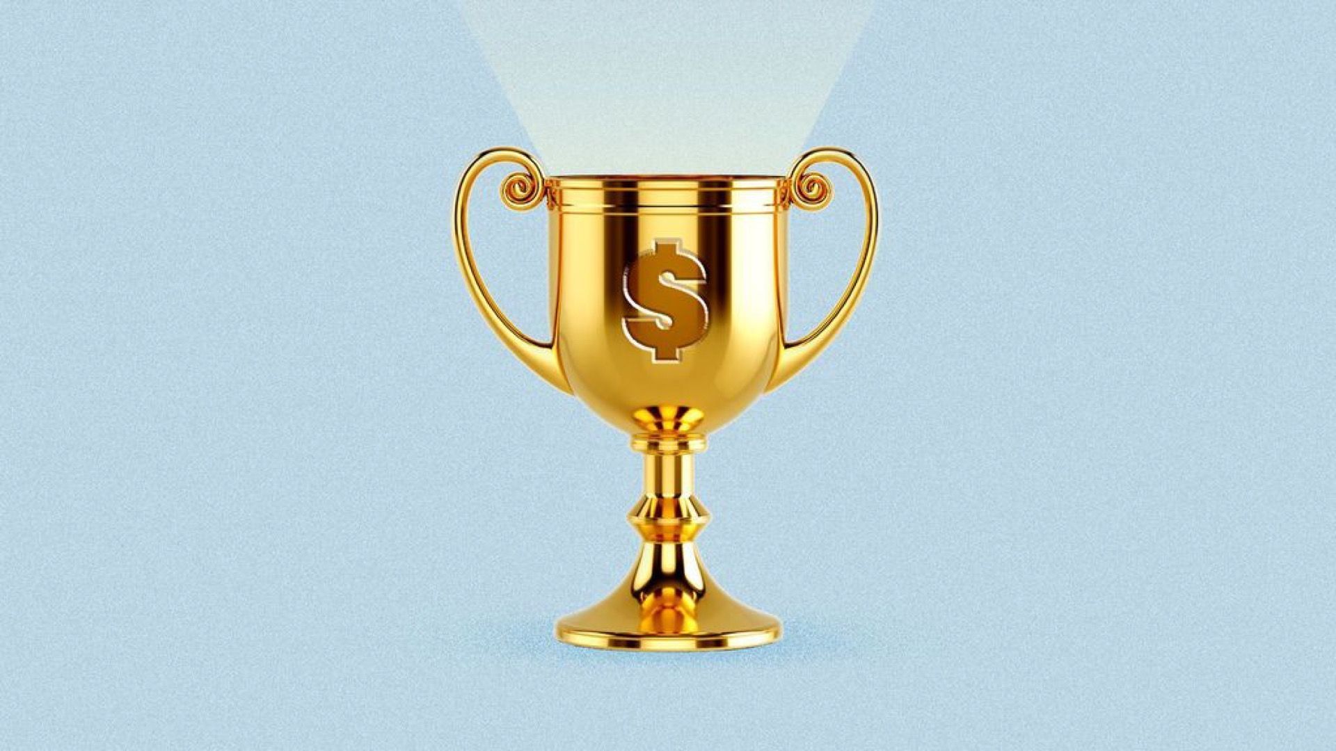 Image shows a gold trophy with a money symbol on it.