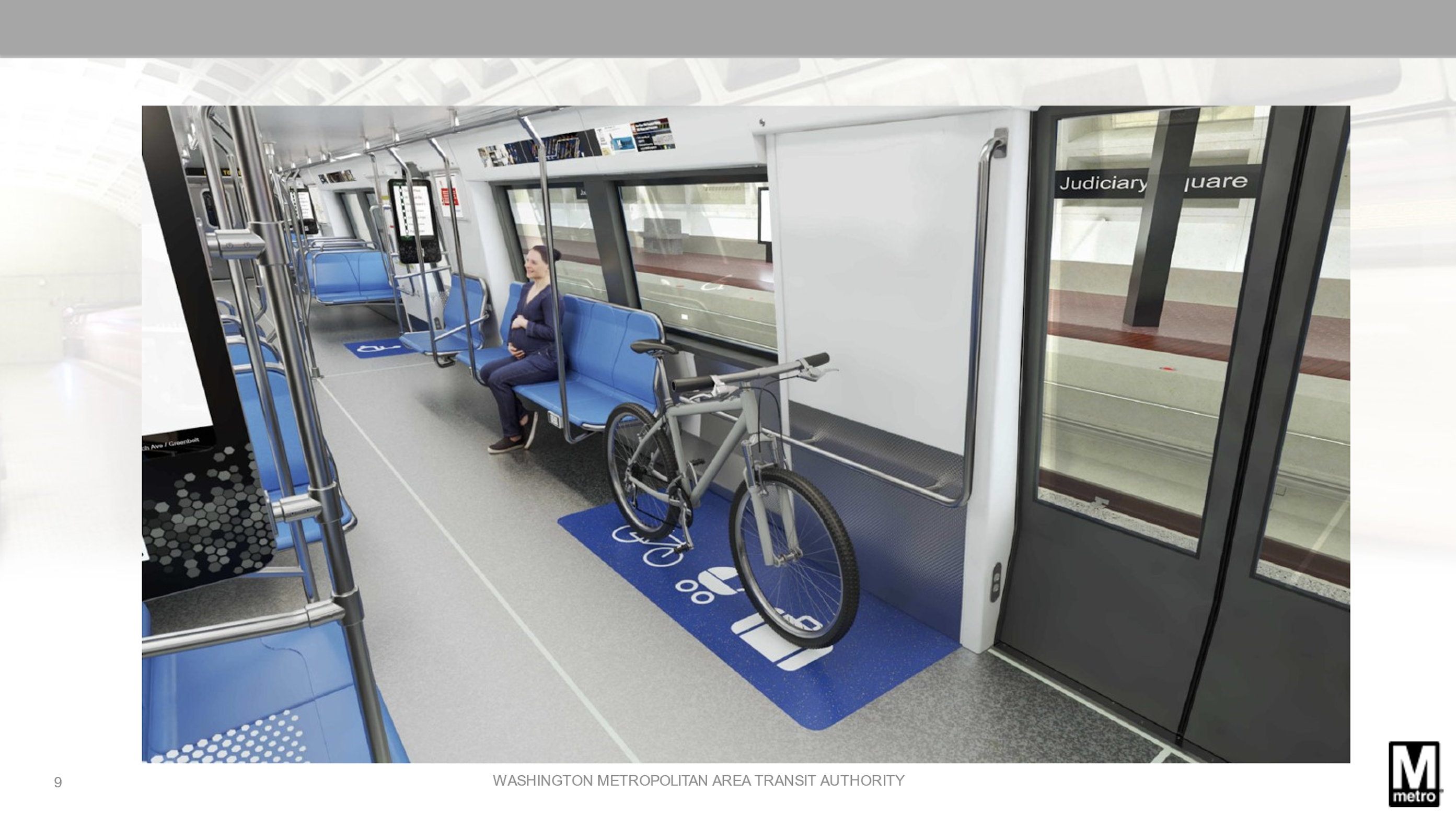A rendering of the 8000 series train shows a dedicated spot near the railcar doors for a bicycle, stroller and luggage.
