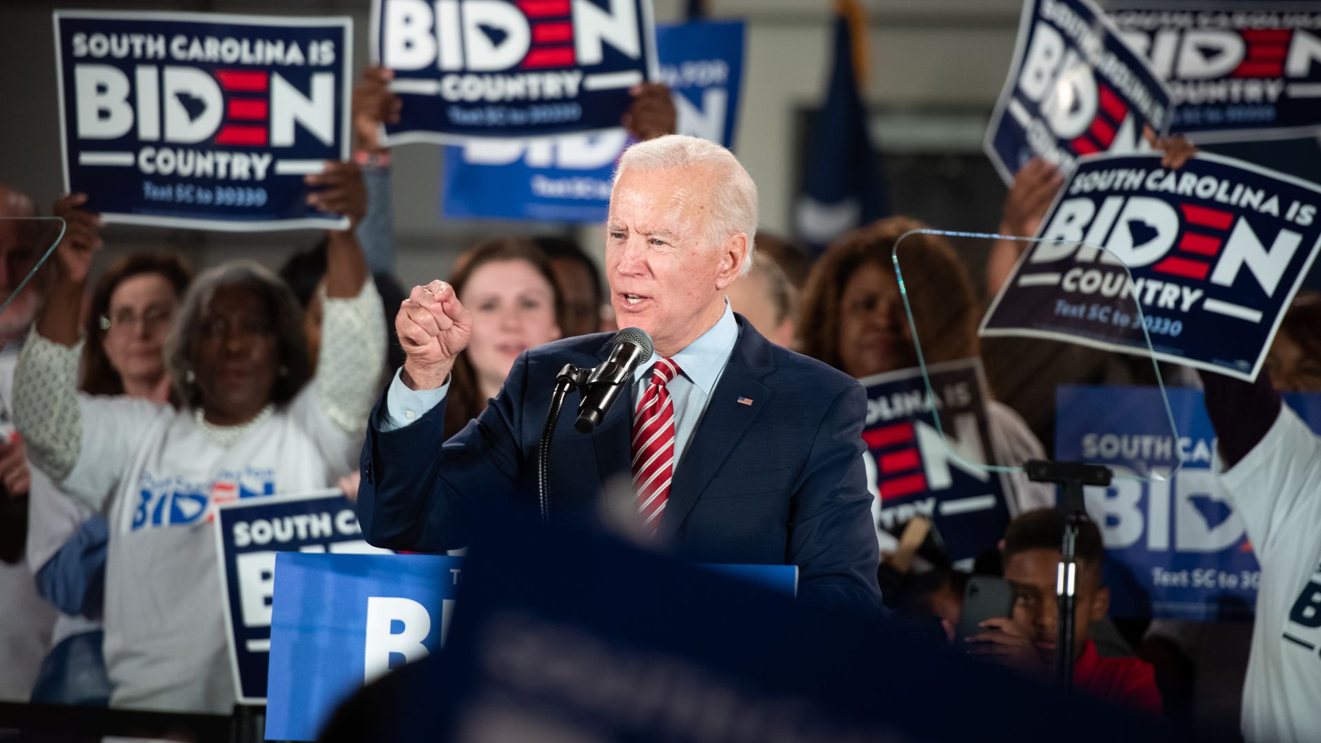 Democratic presidential candidate former Vice President Joe Biden addresses the crowd during a South Carolina campaign launch party on February 11