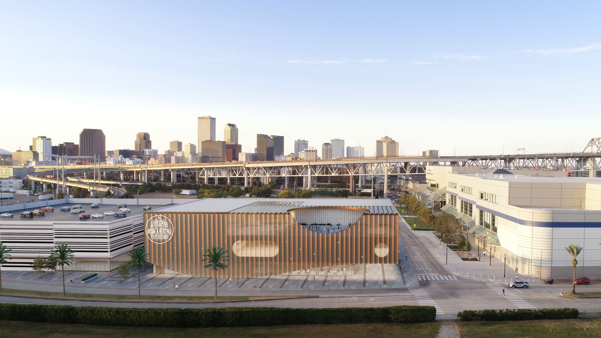 A rendering of the proposed Louisiana Music and Heritage Experience. The modern-design building would sit across the street from the Uptown-side corner of the Ernest N. Morial Convention Center. Highway 90 and the New Orleans skyline are in the background.