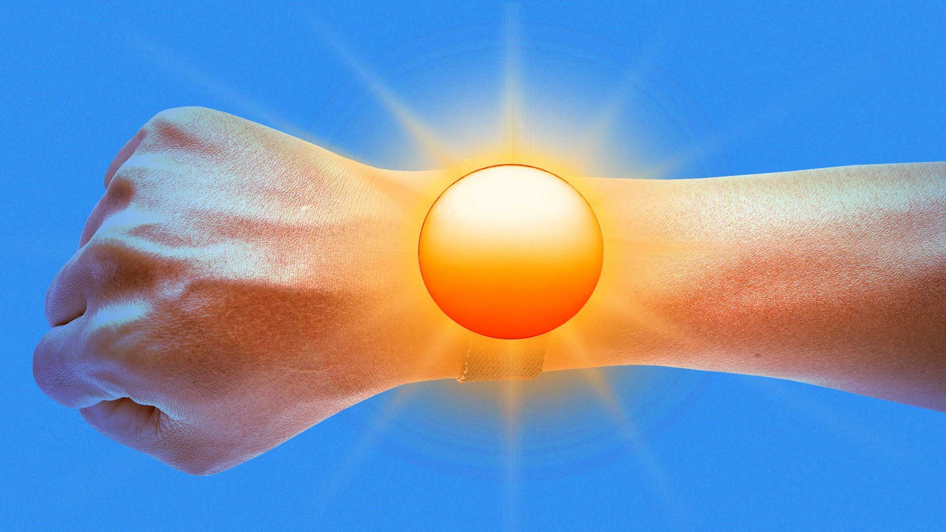 Illustration of a person's arm wearing a wristwatch with the face made from a sun.