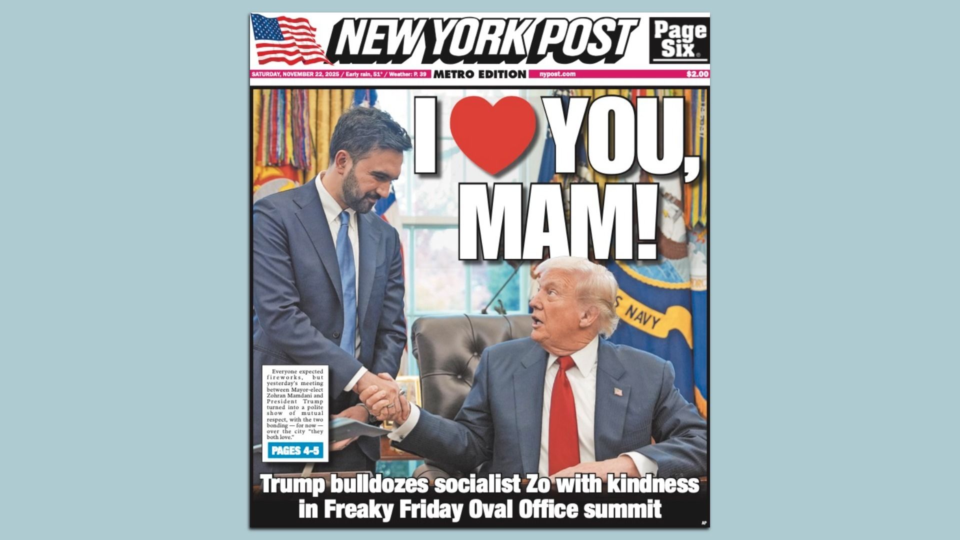 Cover of New York Post with headline "I ❤️ YOU, MAM!", showing Trump seated shaking hands with Mamdani