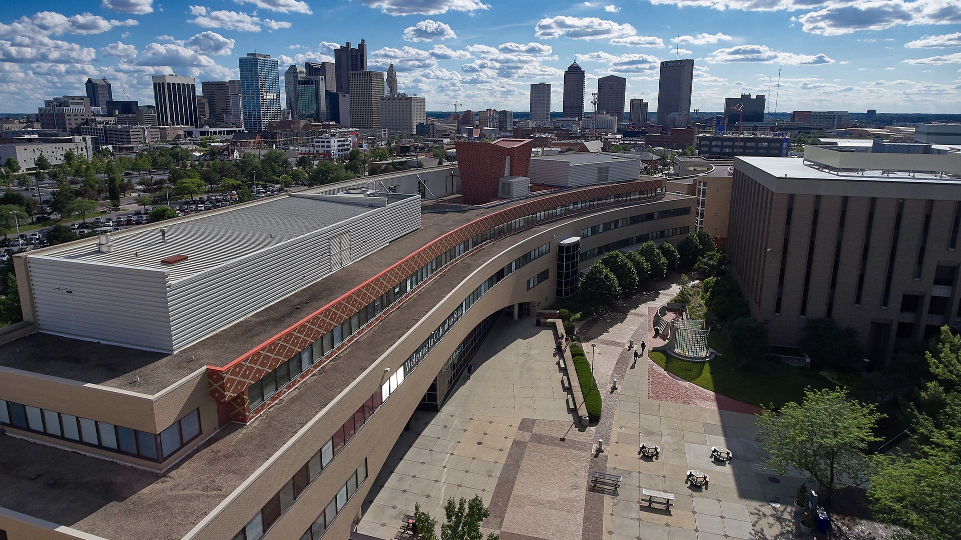 An overview of Columbus State Community College with the city skyline in the background