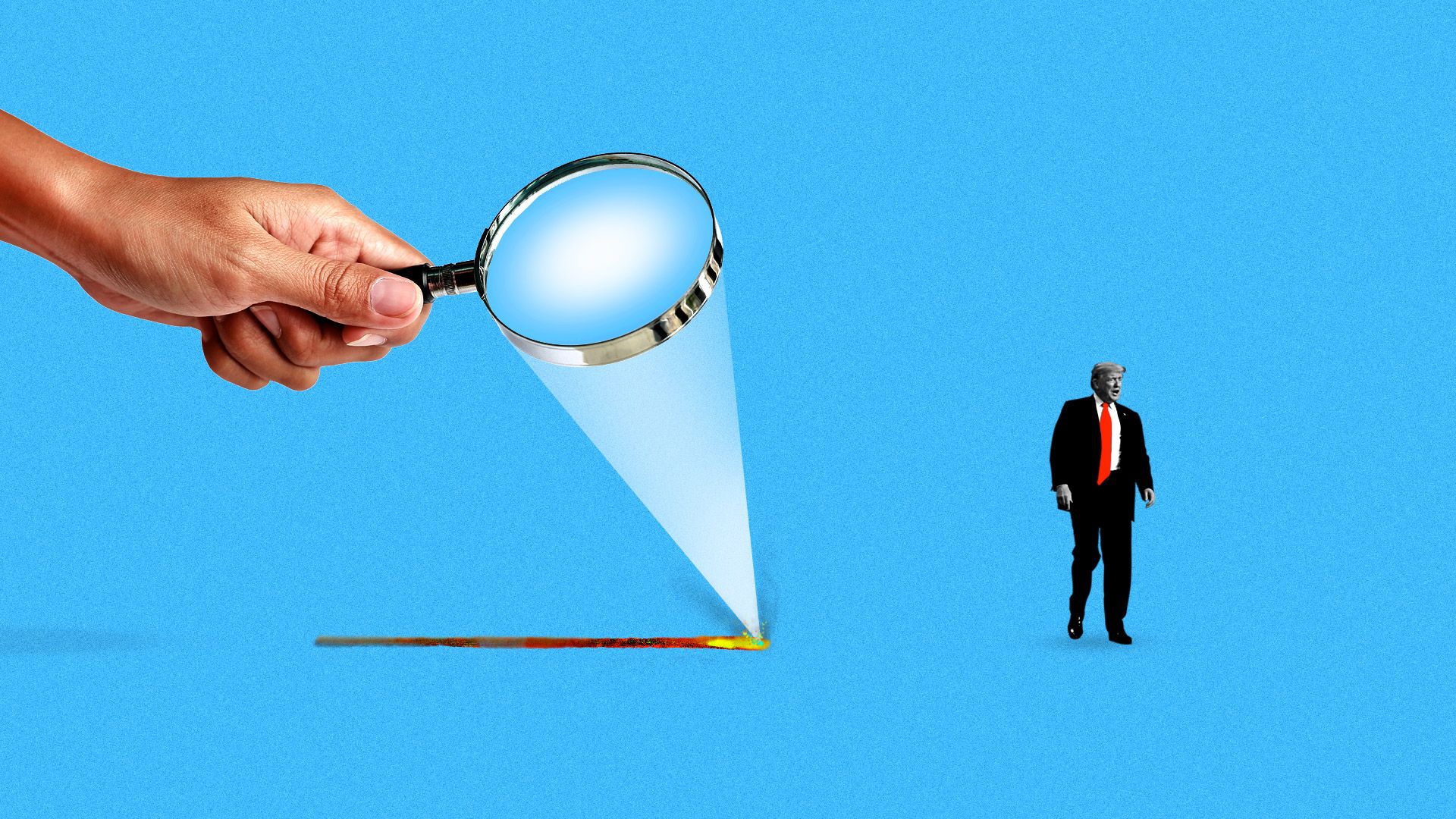 A magnifying glass burning its way toward Donald Trump