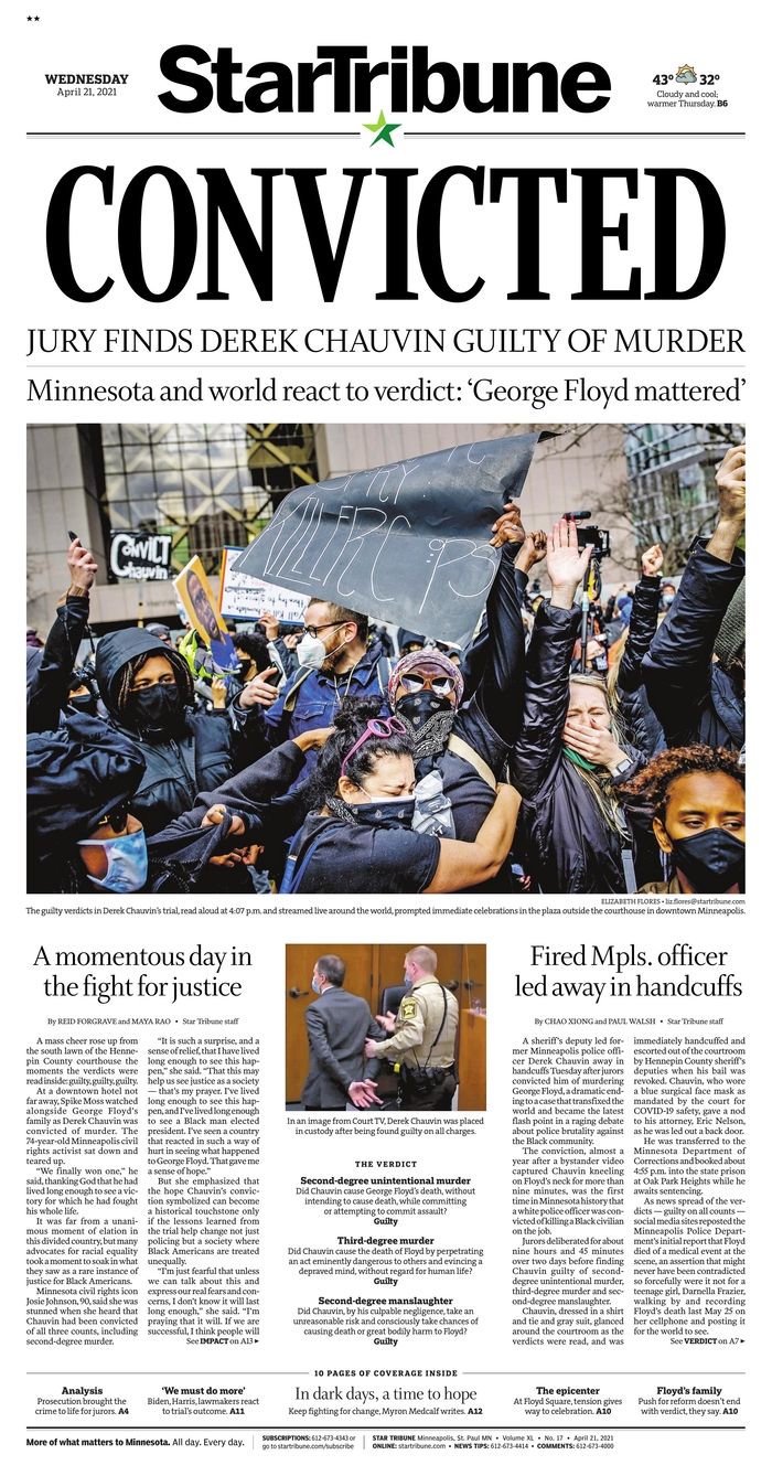Picture of the front page of Minnesota's Star Tribune newspaper