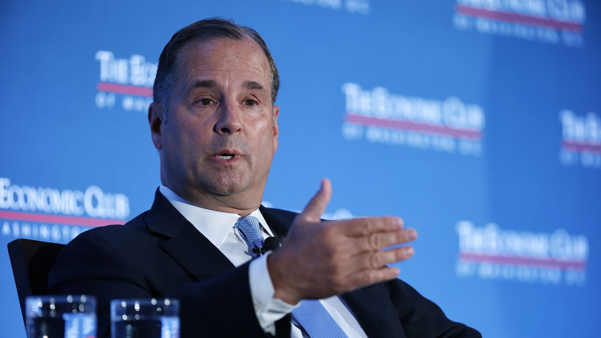 WASHINGTON, DC - JUNE 23: Marriott International CEO Anthony Capuano is interviewed by Economic Club of Washington, D.C. Chairman David Rubenstein during the club's June Luncheon at the Ritz-Carlton on June 23, 2022 in Washington, DC. Capuano talked about how the travel and leisure business has chan