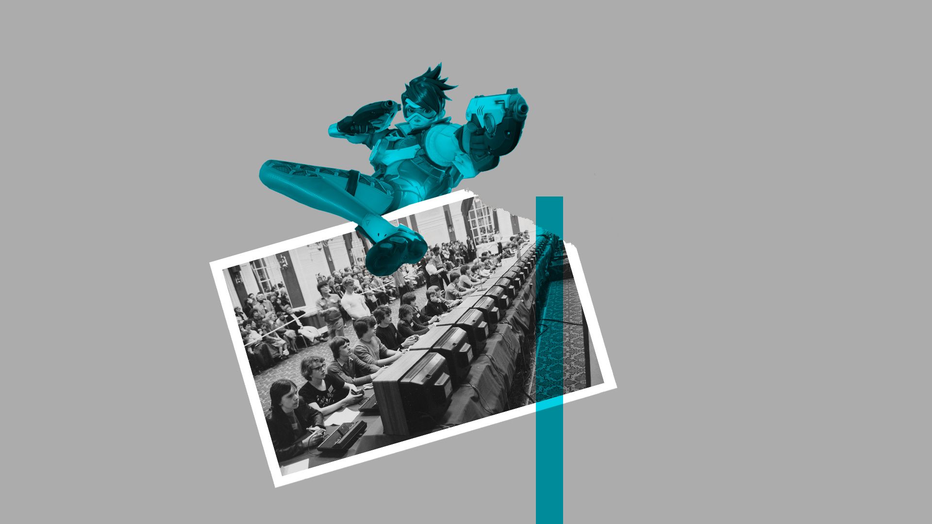 Collage illustration of the Overwatch character Tracer, laid on top of a late 80s photograph of a video game tournament.