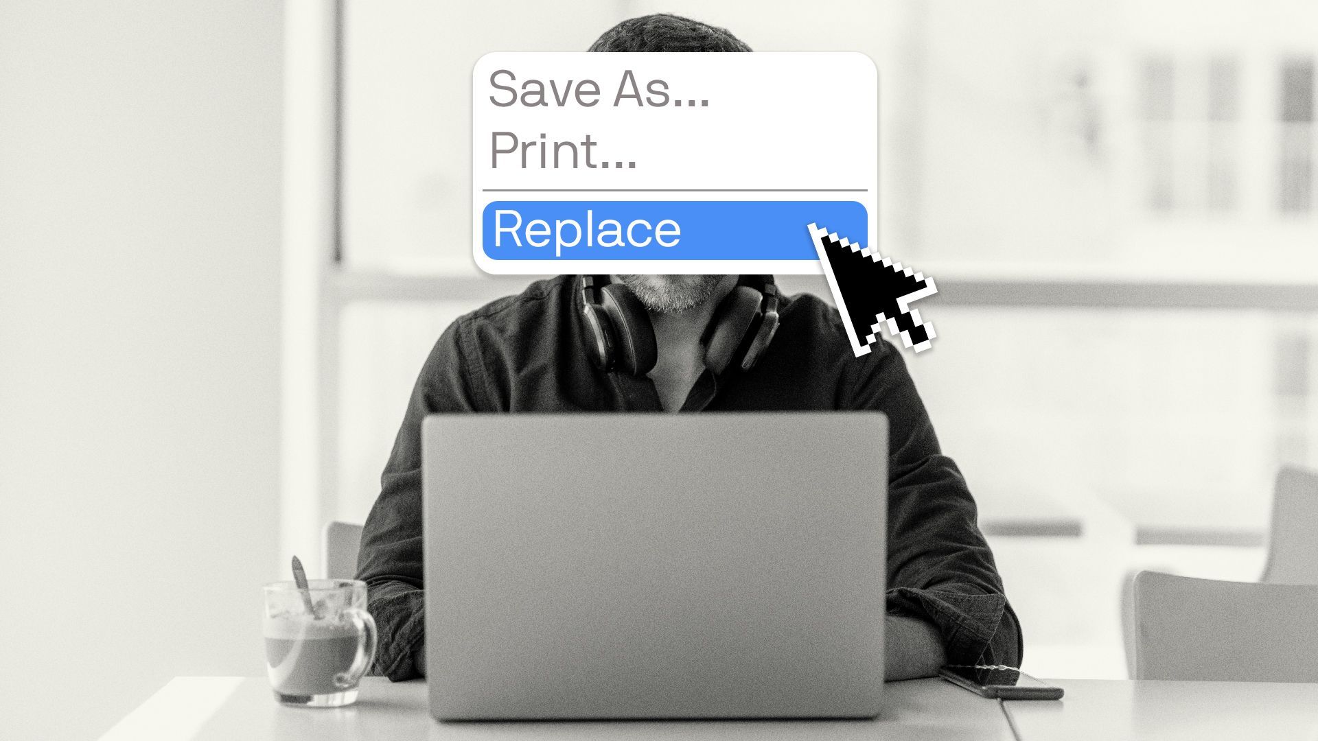 Illustration of a person at a computer with their face covered with a box with the text "Replace" highlighted by a cursor.