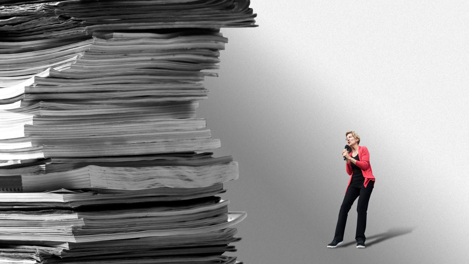 Illustration of Elizabeth Warren in the shadow of a stack of magazines
