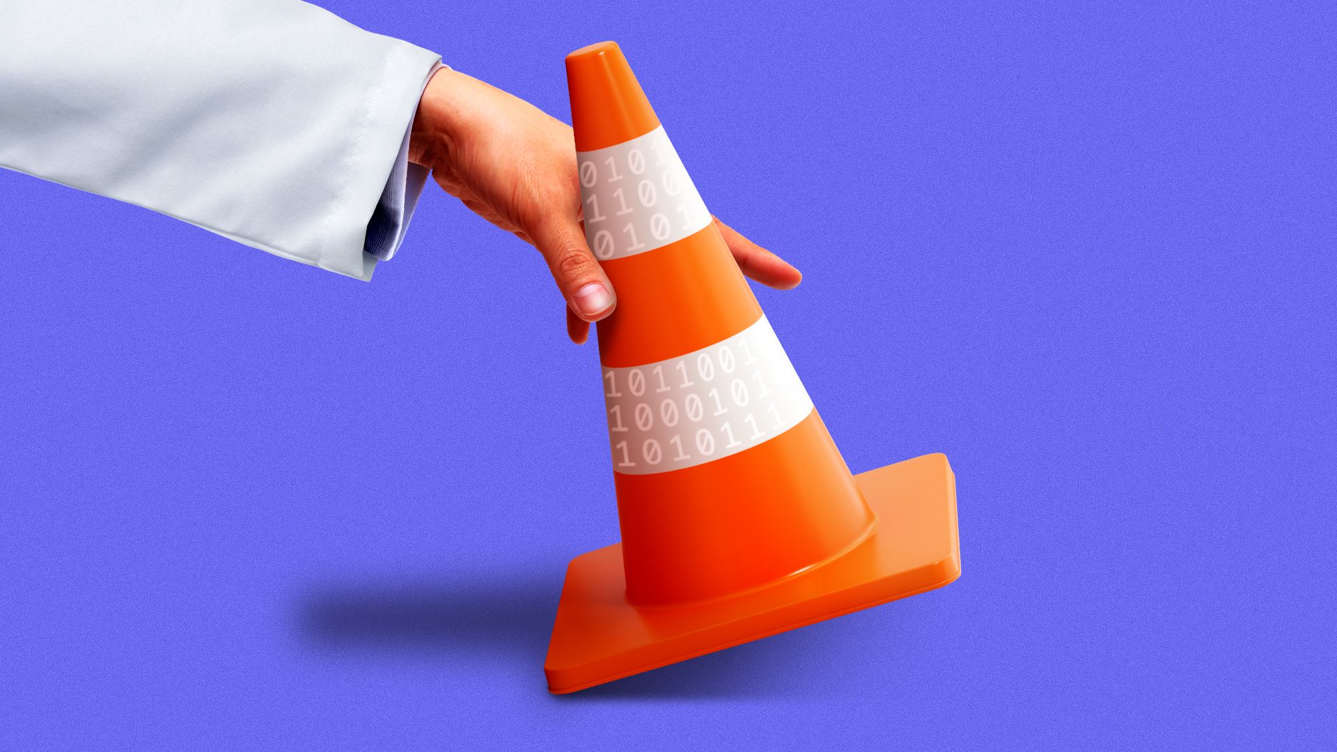 Illustration of a hand in a white lab coat placing a traffic cone down with binary code on it