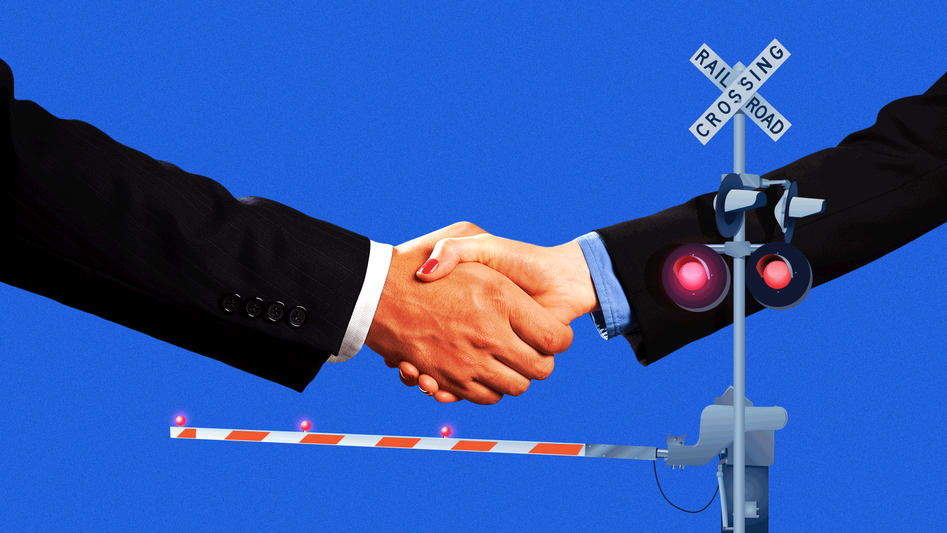 Illustration of two hands reaching out to shake hands in front of a railroad crossing sign. 