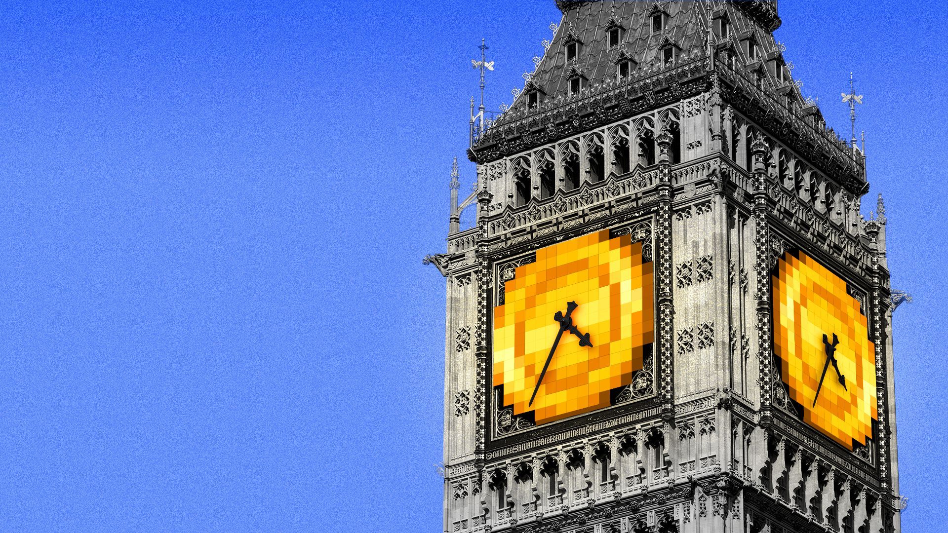 Illustration of Big Ben with digital coin clock faces.