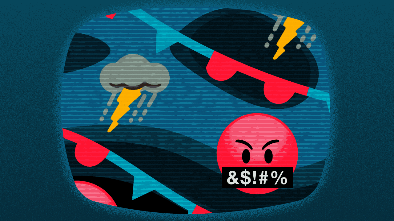 Animated illustration of a TV weather map with a swearing emoji and thunderstorm icons.