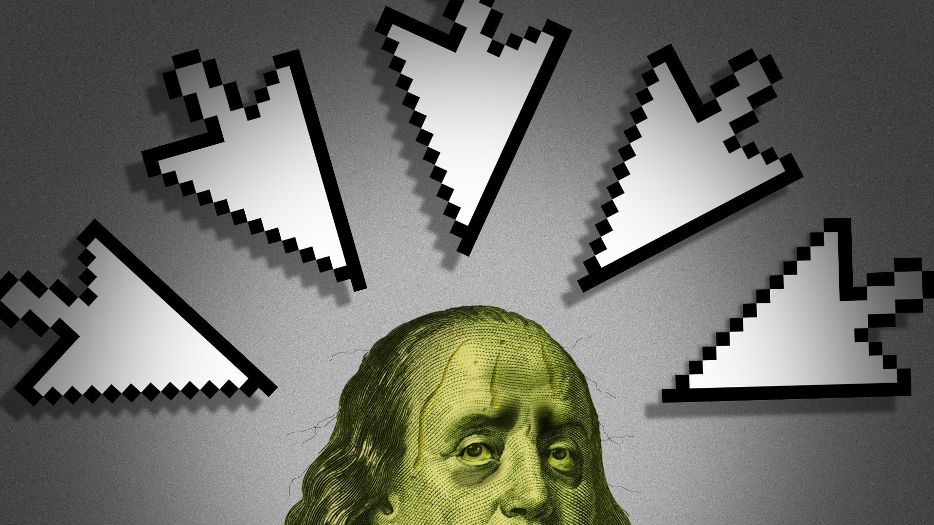 Illustration of a nervous and sweaty Ben Franklin from a hundred dollar bill surrounded on all sides by giant cursors