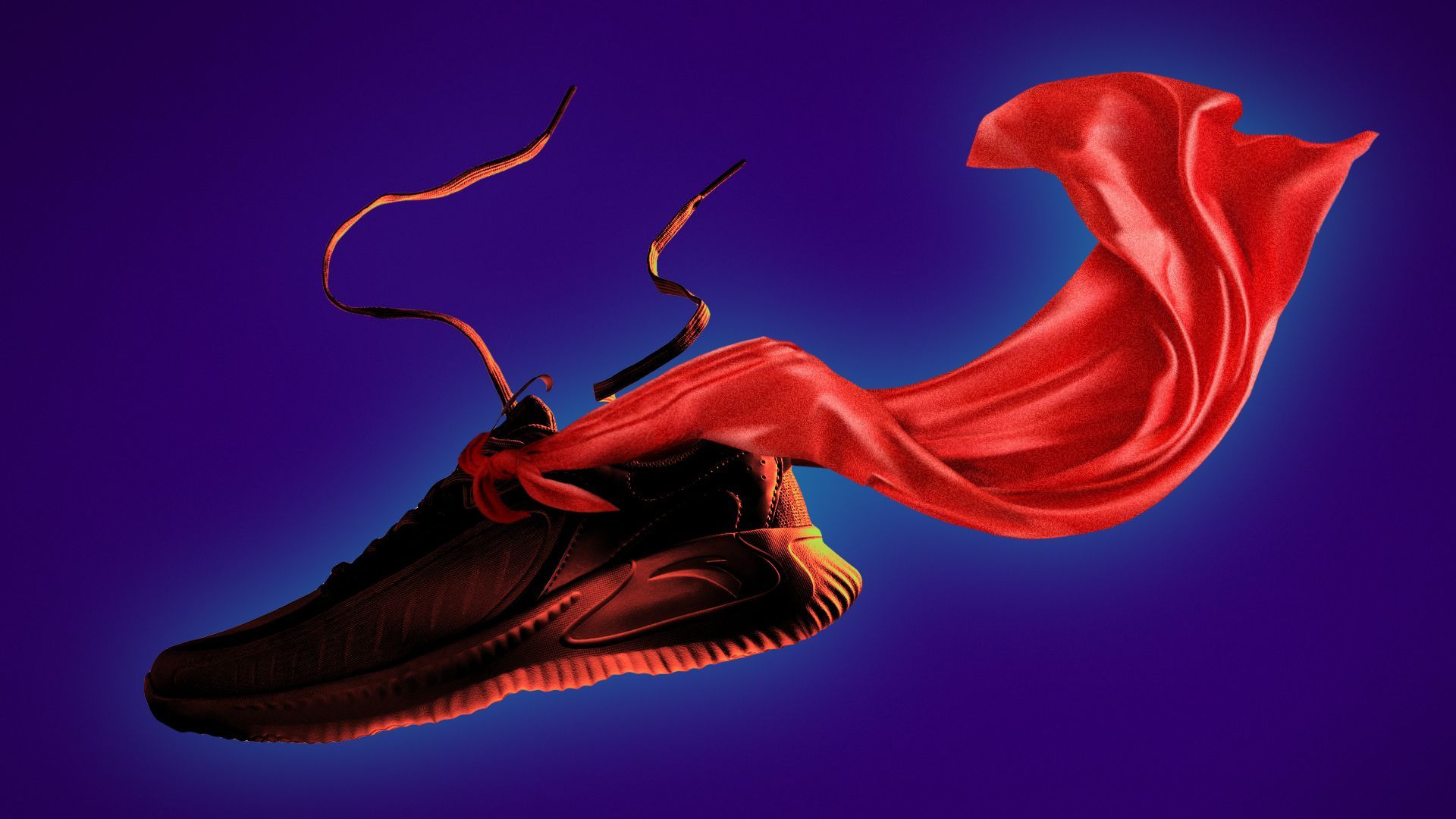 Illustration of a shoe suspended in air with a cape flying behind it.