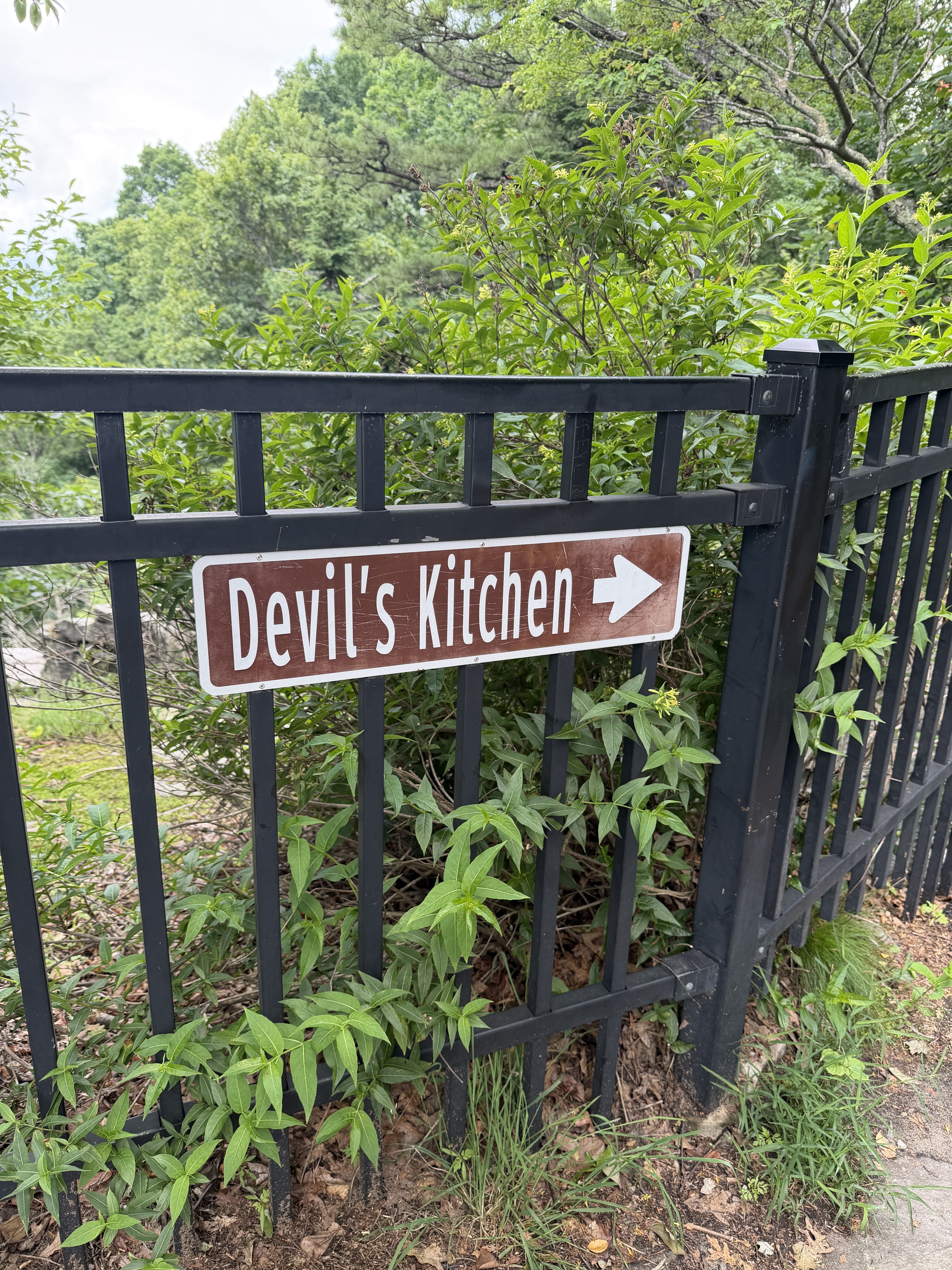Black metal fence with a brown sign reading "Devil's Kitchen" and a white right-pointing arrow; lush green shrubs and trees fill the background.