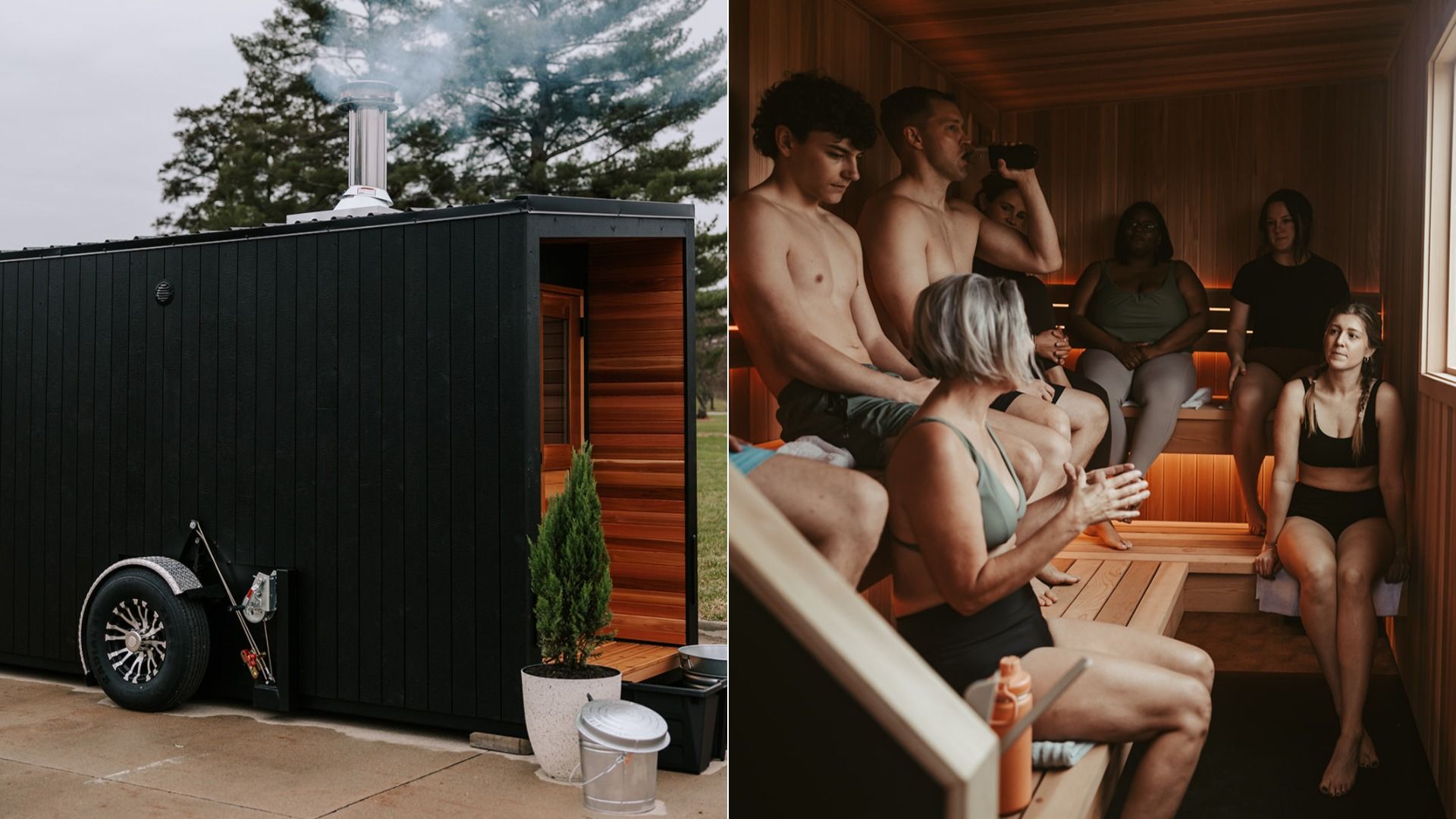 Split image: left shows a black outdoor sauna with a tall chimney emitting smoke; right shows a wood-paneled sauna interior with several people seated, some shirtless, in swimwear.