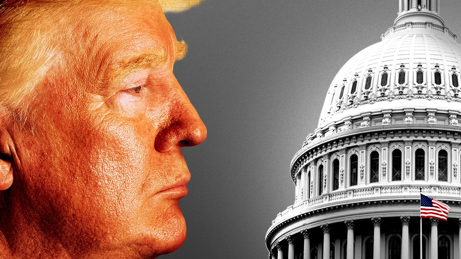 Photo illustration of President Trump in profile looking at the Capitol Dome