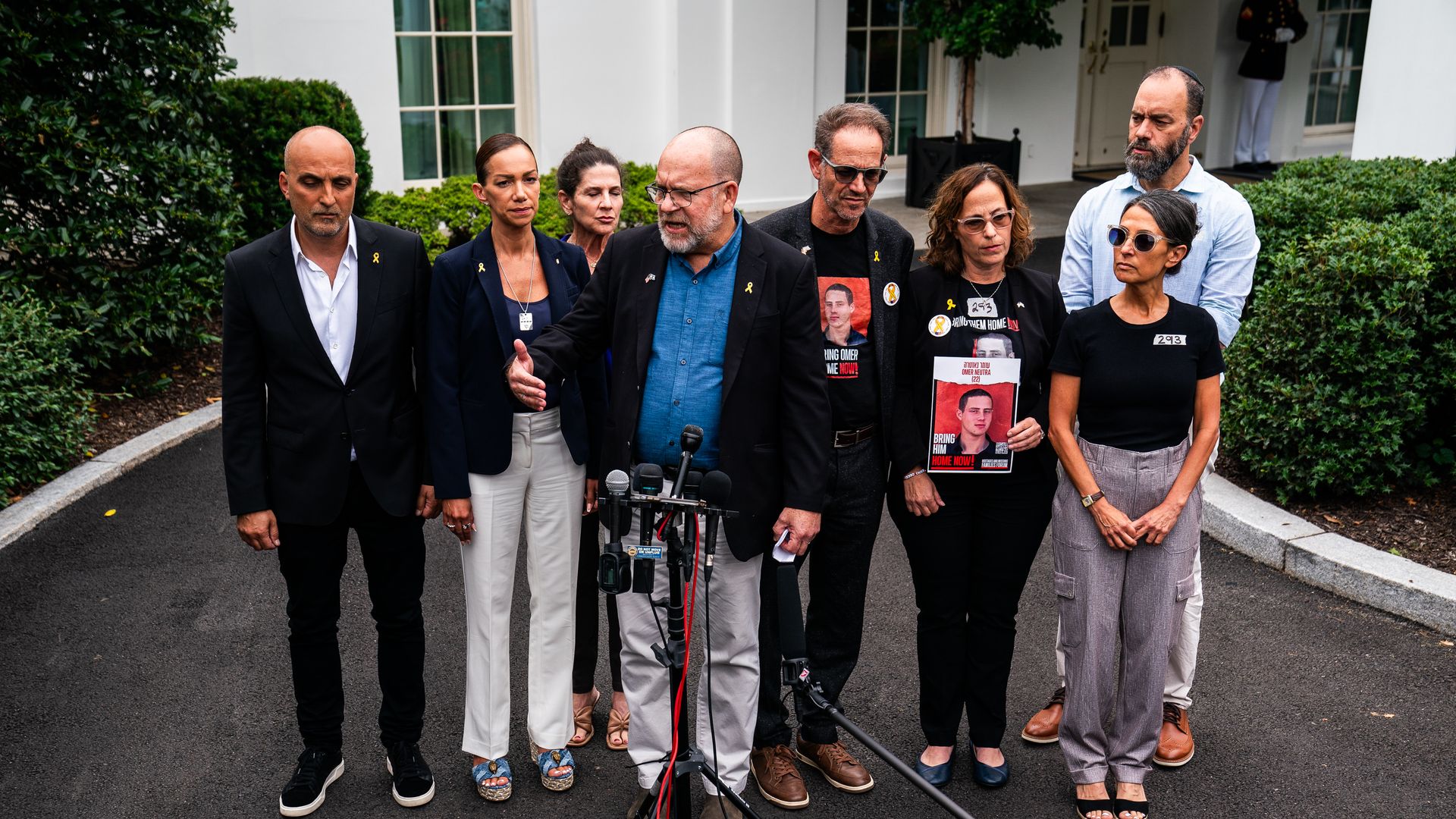 Families of hostages held in Gaza speaks with reporters following their meeting with US President Joe Biden and Prime Minister of Israel Benjamin Netanyahu at the White House on Thursday, July 25, 2024.