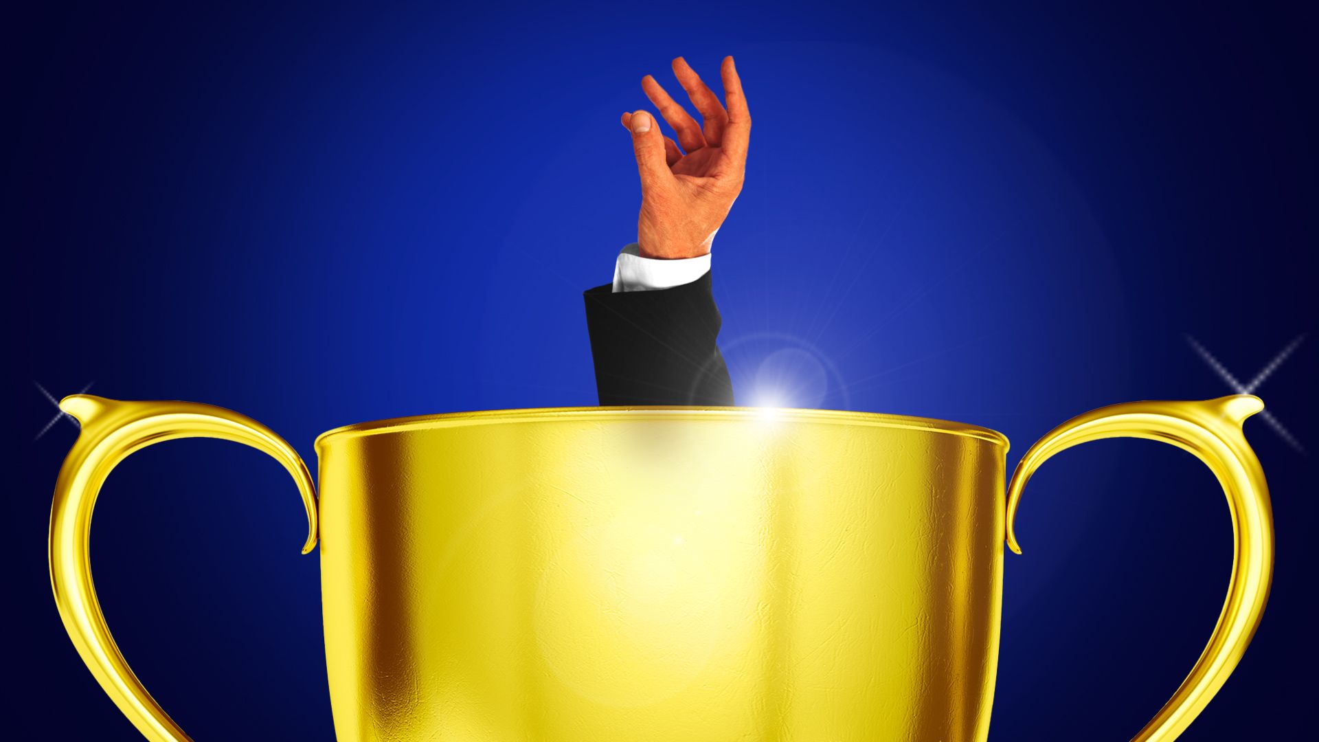 Illustration of an arm reaching out for help from inside of a golden trophy cup as if it's drowning. 
