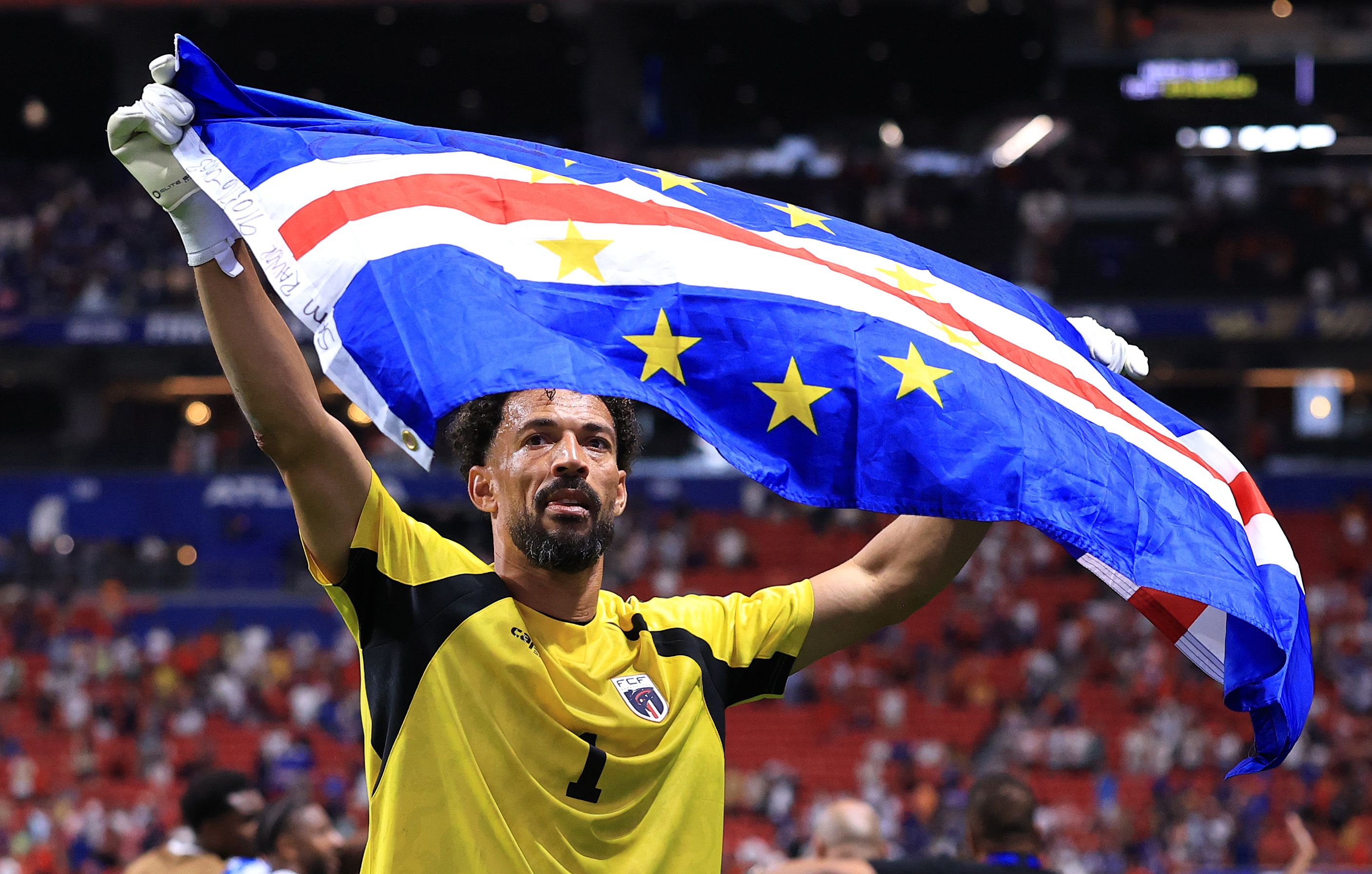 Cape Verde keeper Vozinha celebrates after a scoreless draw against Spain on Monday. Photo: Buda Mendes/Getty Images